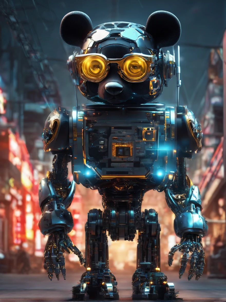 A panda robot,Wearing sunglasses, with headphones on, Standing position, Abstract beauty, Dynamic, Highly detailed digital painting, concept-art, 8K, high definition resolution
