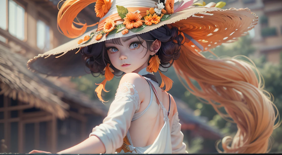 Balaco wind in Italy,Taoist fairy,Huangshan people,Exquisite Hair,Arm carving,Bright orange hair all over,Delicate gradient shoes,Eye portrayal,Exquisite Hair,Popmart blind box,Live-action texture,Treading on the ground,Black and white background,natural lightting,Best quality at best,Hyper-detailing,arte 3D,C4D, OC renderer, a 3D render, 8K,45 degree viewing angle,Wear a big hat