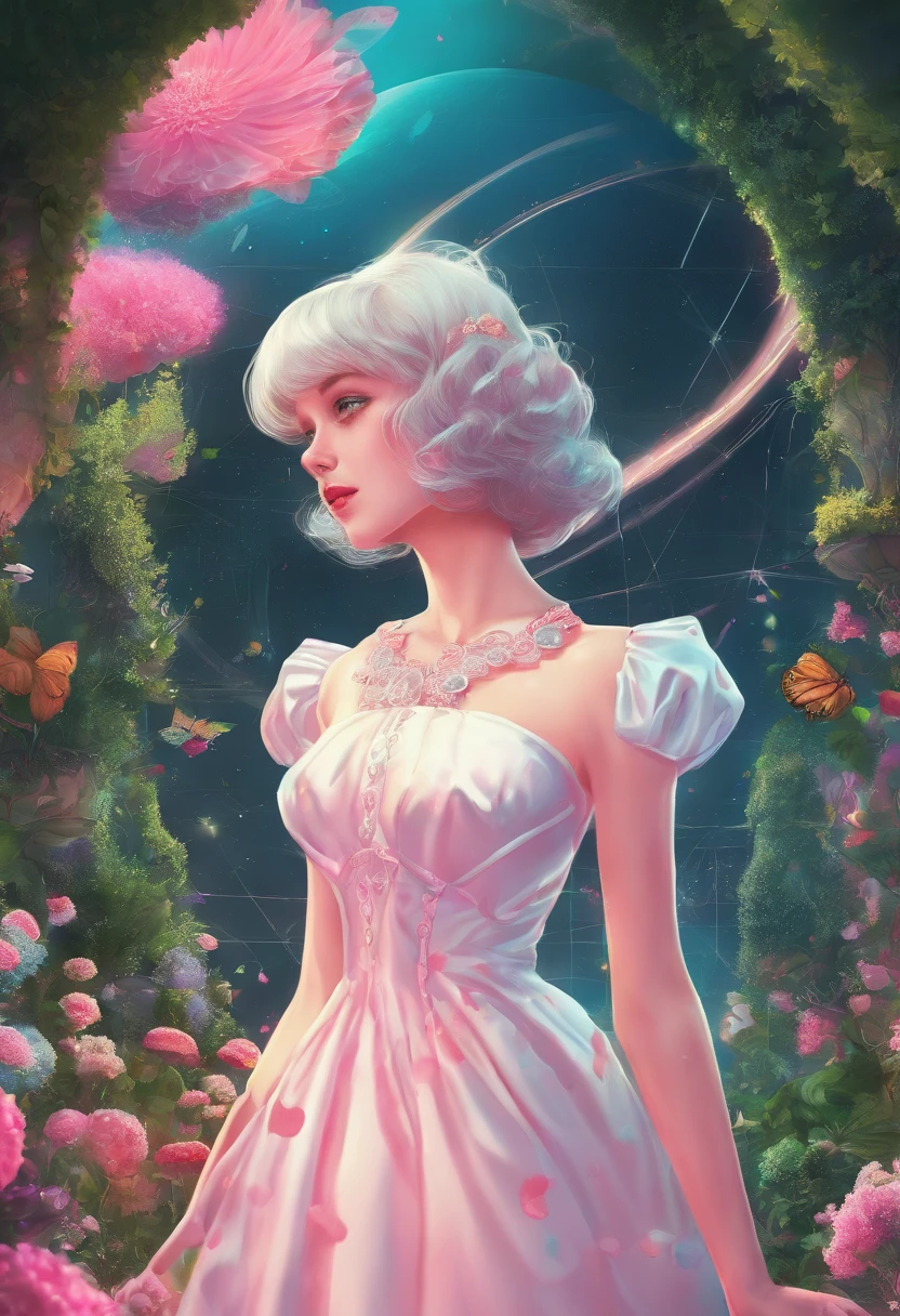 A girl in a garden, (best quality, 4k, high-res, masterpiece:1.2), ultra-detailed, realistic, Illustration, night, full body, (wedding dress), arm behind back, waiting for a kiss, looking at viewer, happy, blush, vivid colors, gentle lighting