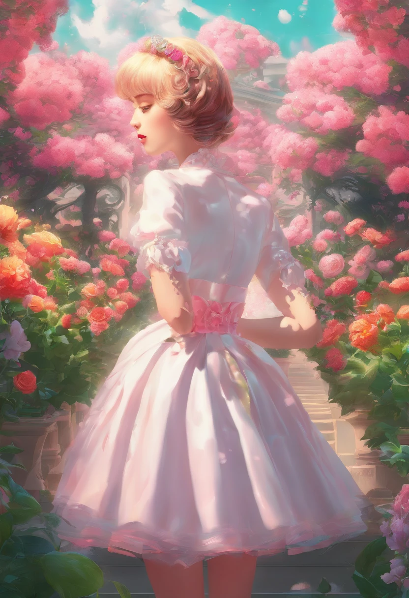 A girl in a garden, (best quality, 4k, high-res, masterpiece:1.2), ultra-detailed, realistic, Illustration, night, full body, (wedding dress), arm behind back, waiting for a kiss, looking at viewer, happy, blush, vivid colors, gentle lighting
