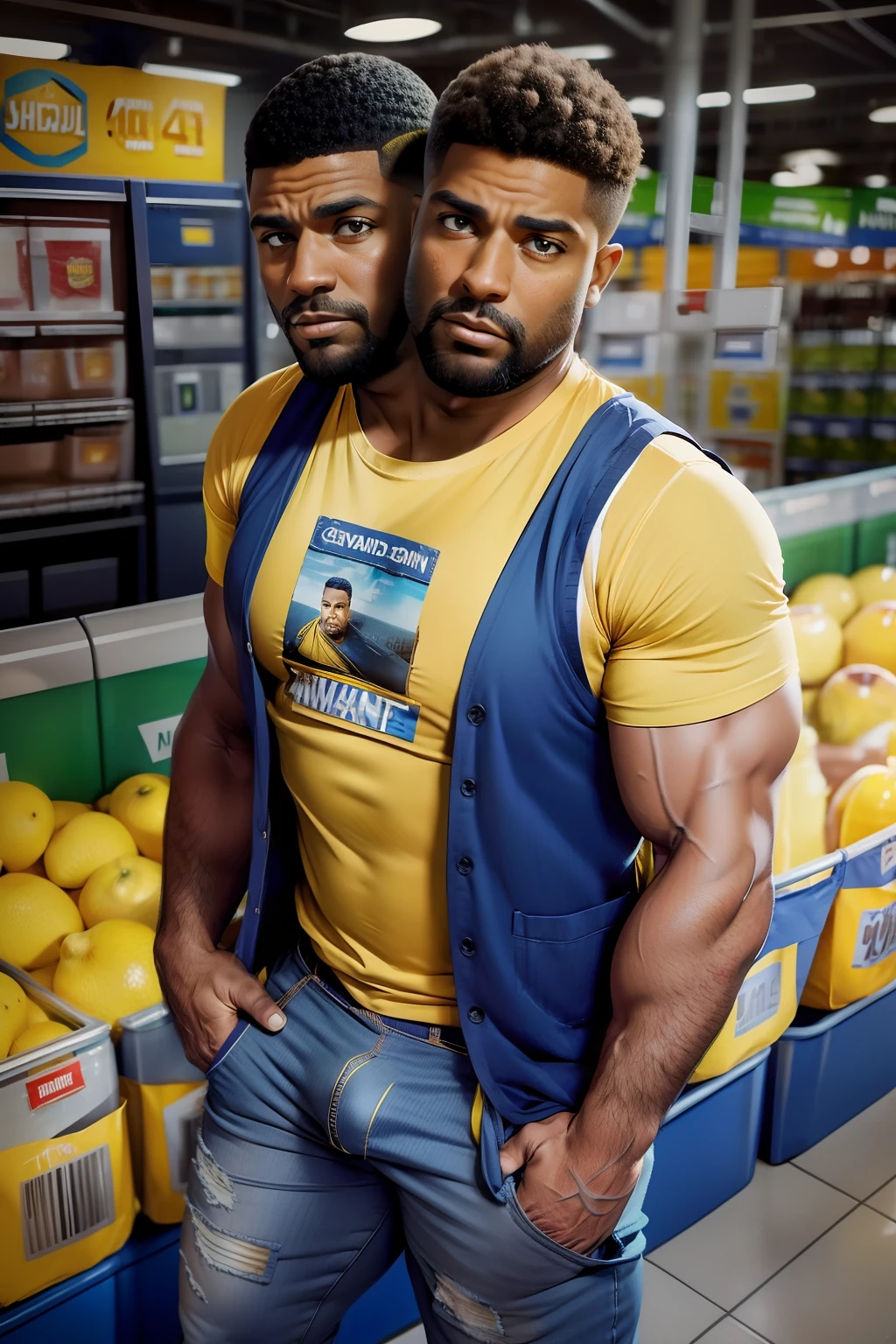 (((2heads))), a beautiful black 48 year old man,(big bulge:1.5),fit, beautiful masculine face, detailed hazel and brown eyes eyes, (wearing blue walmart vest with a nametag over a yellow tshirt:1.3), very tight washed gray jeans,unathletic,very wide shoulders, flat chested, wet, drenched, massive big bulge in crotch, short gray hair, hairy forearms, thick beard, , unathletic, Indoors At a walmart checkout lane, serious, full body, realistic, detailed, carrying shopping bags