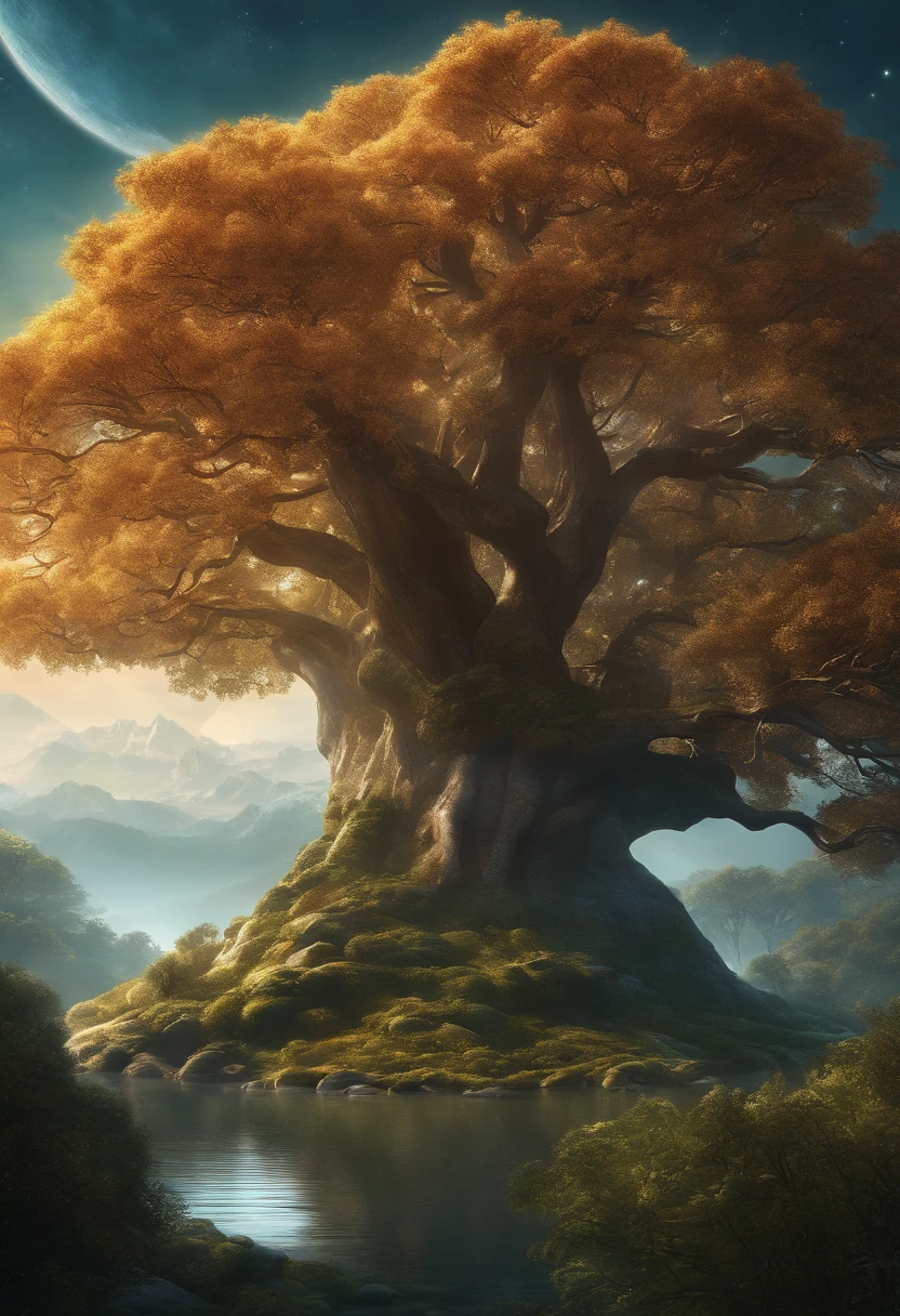 Illustration of a hyperrealistic , otherworldly, ultrasky scene featuring a giant crystal tree full body,very detailed and magical lighting, intricate forest details, vegetation and river around, solarpunk ,landscape, giant tree, beatifull leafy with beautiful lighting and realistic proportions, as if it were a cinematic background, 8k, highest quality, masterpiece, clouds and stars in the sky.