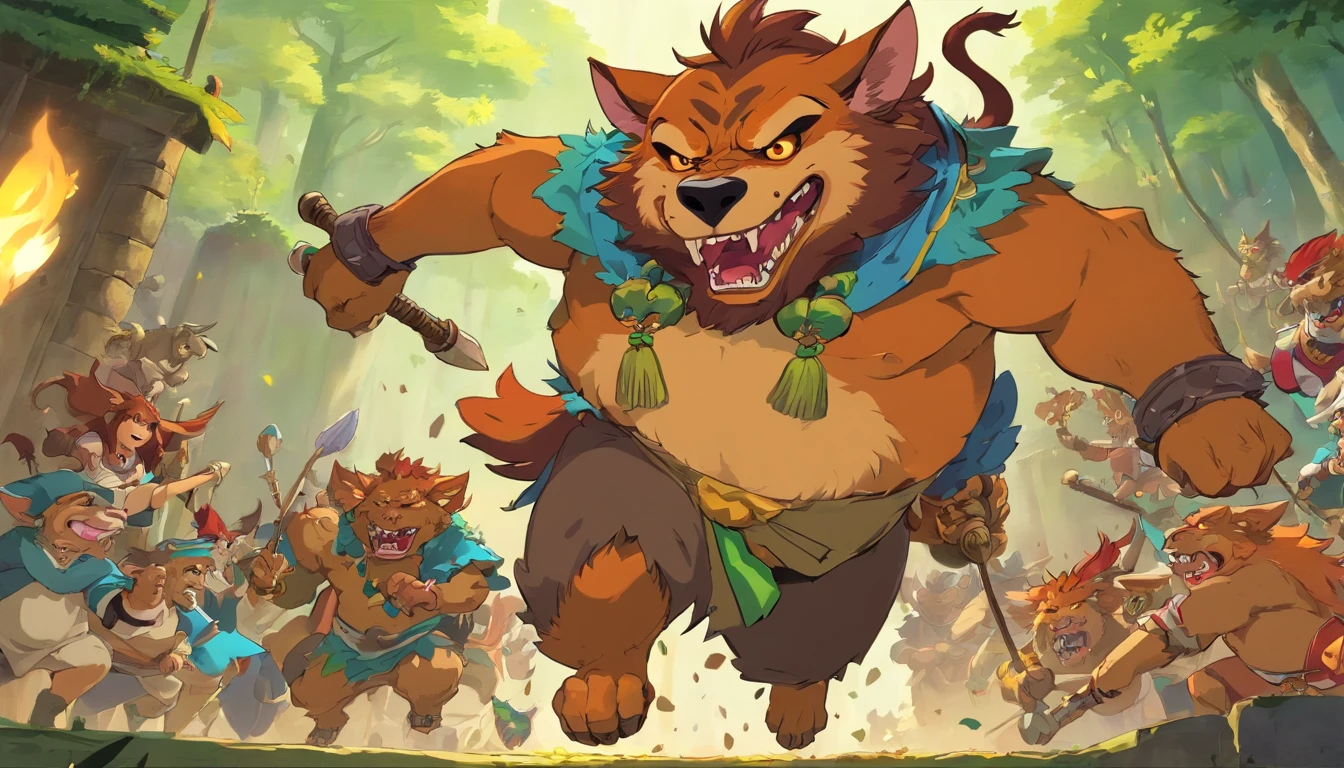 gnoll, Medieval demons, gnoll, korean mythology, Leprechauns revel in a binge, their, barong family, Leprechauns and trolls, Leprechaun, Red horns, Fighting monsters, tribe members attacking, devils, dnd party, Journey to the West, traditional art