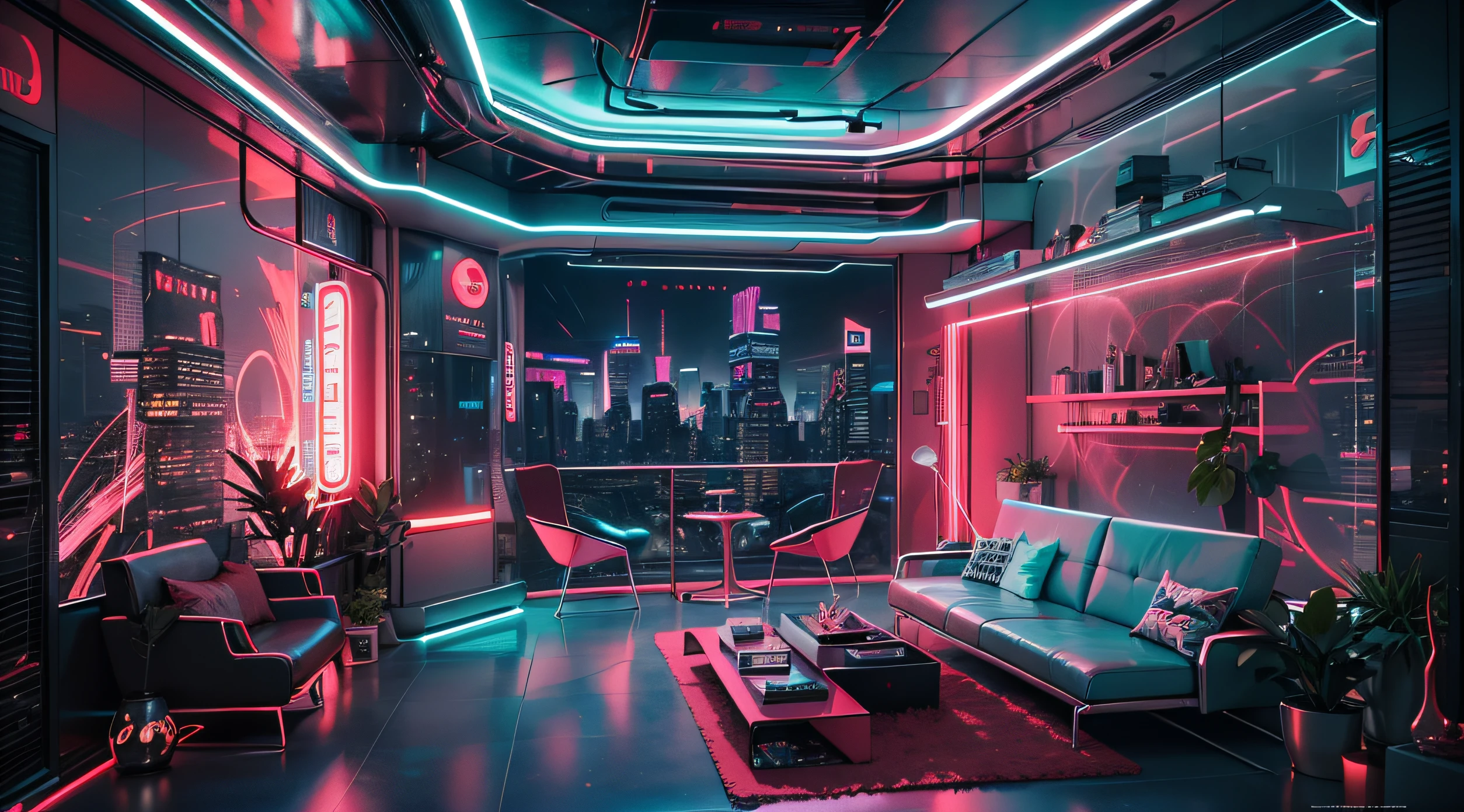 Top image quality, masutepiece, Ultra-high resolution, (fidelity:1.4), one girls，Photo,  movie, ((Cyberpunk Personality)), Cyber Costume, Futuristic, ((Award-winning ultra-realistic photos))，（Hyper-detailing），（intricate-detail），（high resolution CGI artwork 8k），Futuristic cyberpunk living room/Bedrooms/kitchin/balconies，Detailed cyberpunk cityscape。futuristic style，There are many colors and LED lights。The cityscape must be very detailed，depth of fields。Create depth with atmospheric lighting，Wide-angle lens showing rooms and windows。Using atmospheric lighting and volumetric lighting、Highlights details in the cityscape。The room should be illuminated with neon lights of the cityscape, Pastel texture color background, colourfull, Vibrant