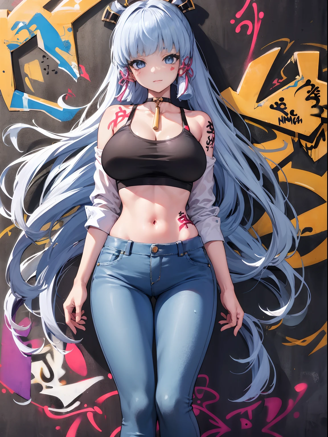 kamisato ayaka|genshin impact, master-piece, bestquality, 1girls,25 years old, proportional body, elongated legs, Beautiful, proportional., crop top, Long Jeans, gigantic breasts, ,bara, crop top, choker, (Graffiti:1.5), Splash with purple lightning pattern., arm behind back, against wall, View viewers from the front., Thigh strap, Head tilt, bored,