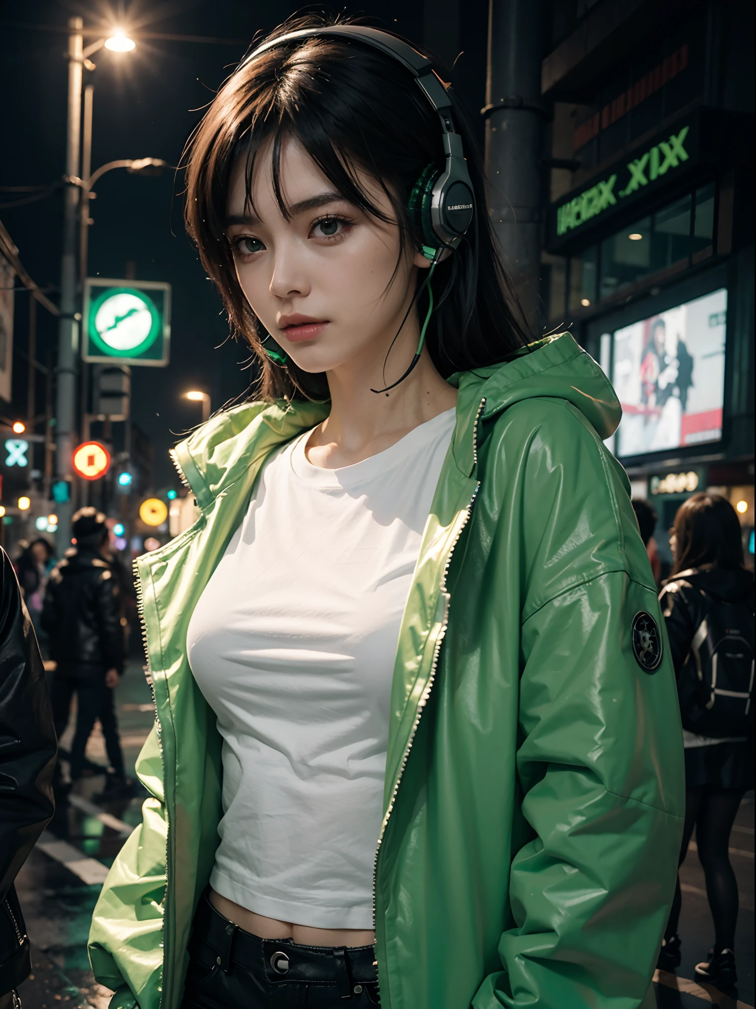 Cyberpunk girl, futuristic background with green lights, rainy punk city, cyber full moon, headphones, machanical body parts, best quality, wearing a long jacket with white T-shirt