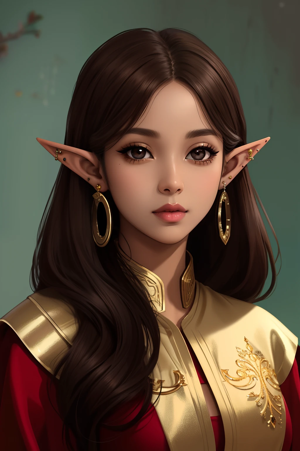 Masterpiece, high quality, (Deep brown skin tone), elf, fit, beautiful elf, sexy elf, female, portrait, piercings, virgin, black eyes, princess, Aesthetic