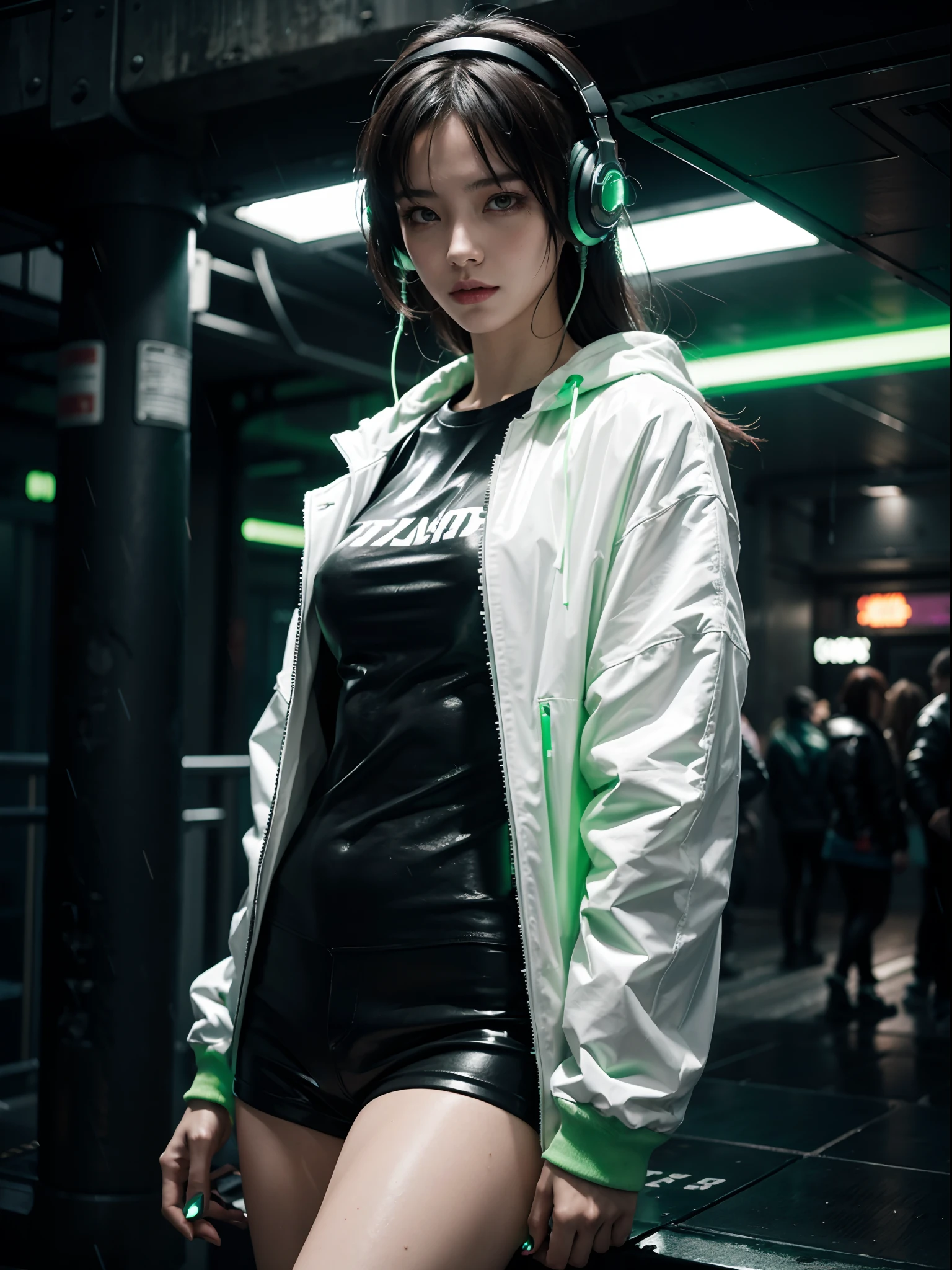 Cyberpunk girl, futuristic background with green lights, rainy punk city, cyber full moon, headphones, machanical body parts, best quality, wearing a long jacket with white T-shirt