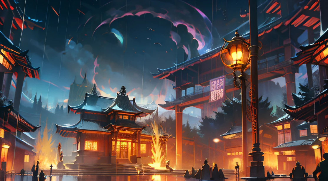 Technologically sensed city,darkly,Flashing,People come and go in the city, animation, Technology development,tmasterpiece, Better quality, Still photography, Fantasy fairy tale international prosperity ancient temple,The ancient temple complex has a large number of Confucian mortise and tenons、Mortise and tenon structure,A huge bronze bell flew over the mountain,Visibility is particularly high,depth of fields, Ghost Night,it is raining,Light rainy night,The fire burst into the sky,Smoke billowed out,Telephoto lens for long-range shooting,Bucket arch mortise and tenon structure,Inverted building,unfathomed,People come and go in the city,Something big happened,Telephoto lens for long-range shooting,Bucket arch mortise and tenon structure,Inverted building,unfathomed
