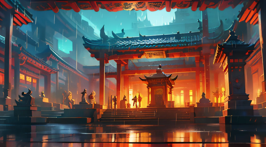 Technologically sensed city,darkly,Flashing，People come and go in the city, animation, Technology development，tmasterpiece, Better quality, Still photography, Fantasy fairy tale international prosperity ancient temple，The ancient temple complex has a large number of Confucian mortise and tenons、Mortise and tenon structure，A huge bronze bell flew over the mountain，Visibility is particularly high，depth of fields, Ghost Night，it is raining，Light rainy night，The fire burst into the sky，Smoke billowed out，Telephoto lens for long-range shooting，Bucket arch mortise and tenon structure，Inverted building，unfathomed，People come and go in the city，Something big happened，Telephoto lens for long-range shooting，Bucket arch mortise and tenon structure，Inverted building，unfathomed