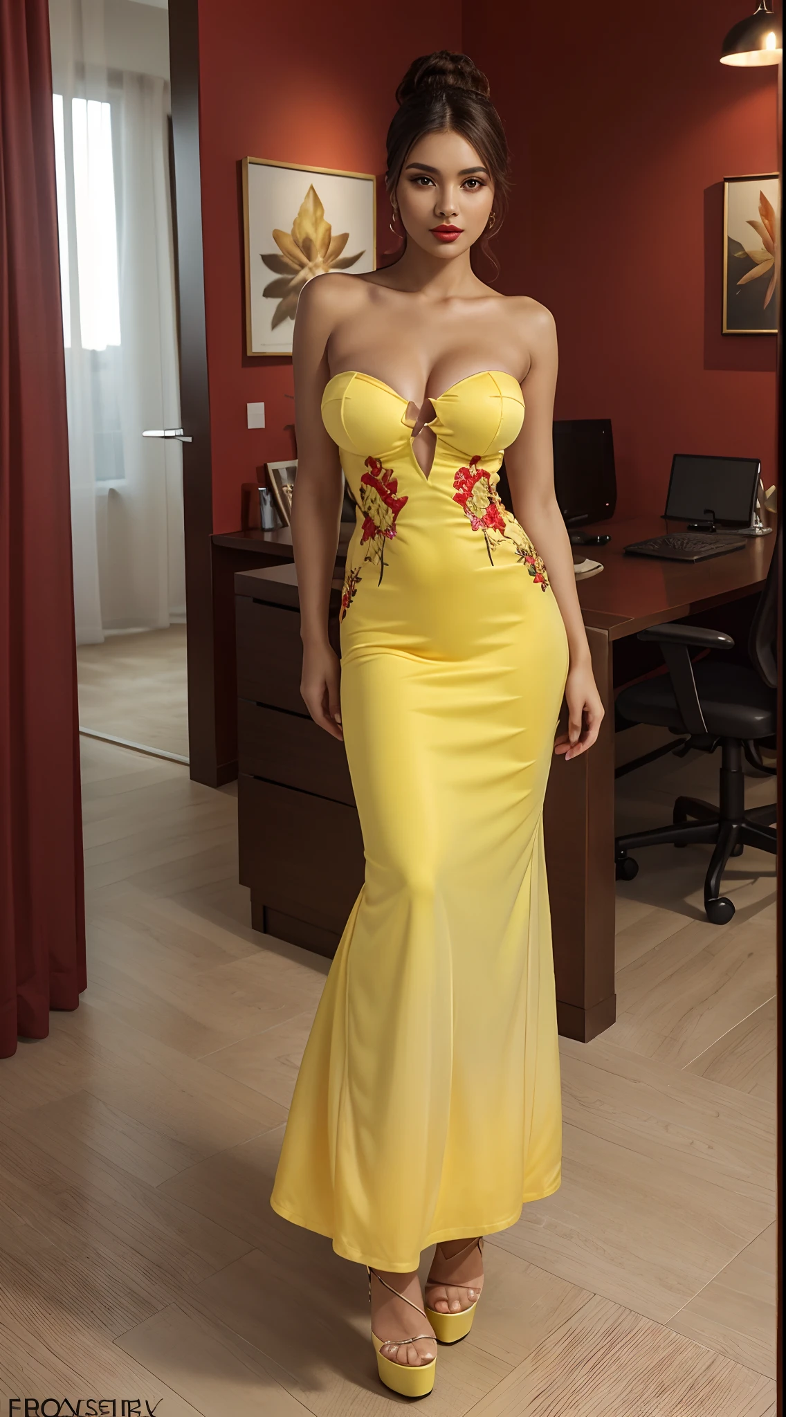 (full body shot:1.5), (Masterpiece:1.1), standing position, 1girl, solo girl, 20 year old girl, ultra realistic face, hyperrealistic, hyperdetailed, (looking at viewers), sharpen, detailed face, detailed eyes, detailed lips, red lips, beautiful face, 16k, FHD, raw photo, cute face mesh, pretty face mesh, girl in luxury office, beautiful hair style, hair tied, ((elegant strapless long dress), embroidery luxury maxi, full maxi, dark red and yellow gradient colour), intricate, extremely detailed, (perfect boobs, long areola, perky boobs), scattering surface, ultra realistic texture, smooth skin, realistic face, red lip, glow face, very_high_resolution, perfect figure beautiful curved body, fit body, (stylish high heel), club hair ornament,