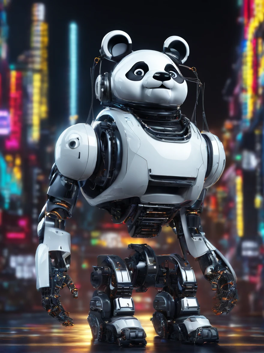 A panda robot,Wearing sunglasses, with headphones on, Standing position, Abstract beauty, Dynamic, Highly detailed digital painting, concept-art, 8K, high definition resolution