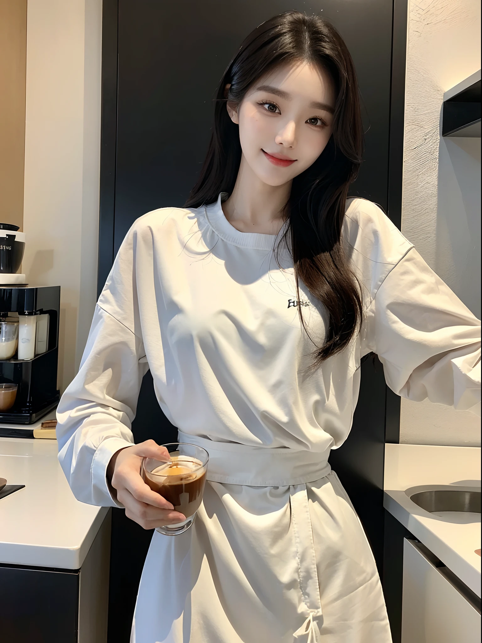 ​masterpiece、top-quality)、1 beutiful girl、Slim body、((Black and white plain clothes:1.1))、(Detailed beautiful eyes)、In a stylish kitchen、Face similar to Chaewon in Le Selefim、((Boyish Brown Medium Hair))、((Smaller face))、((Neutral face))、((Light brown eyes))、((Korean Girl))、((18year old))、((cool lady))、((A shy smile on his face))、((Korean Makeup))、((elongated and sharp eyes))、((Happy dating))、((boyish))、((She is pouring coffee into a glass))、((shot from front))