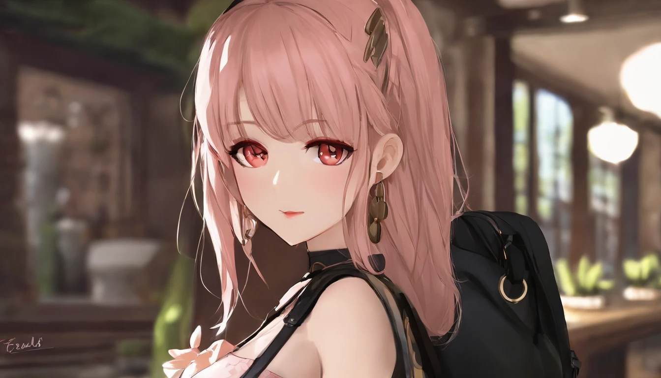 Beautiful, Masterpiece, Best quality, Extremely detailed face, Perfect lighting, 1girll, Solo, Sketch, Marni (Pokemon), Green eyes, Asymmetrical bangs, Backpack, bag, Black necklace, Black jacket, Blurry, The background is blurred out, choker necklace, Closed mouth, dress, From behind, Indoors, Jacket, Long sleeves, view the viewer, Looking back, cropped shoulders, Pink dress, Red bag, Solo
