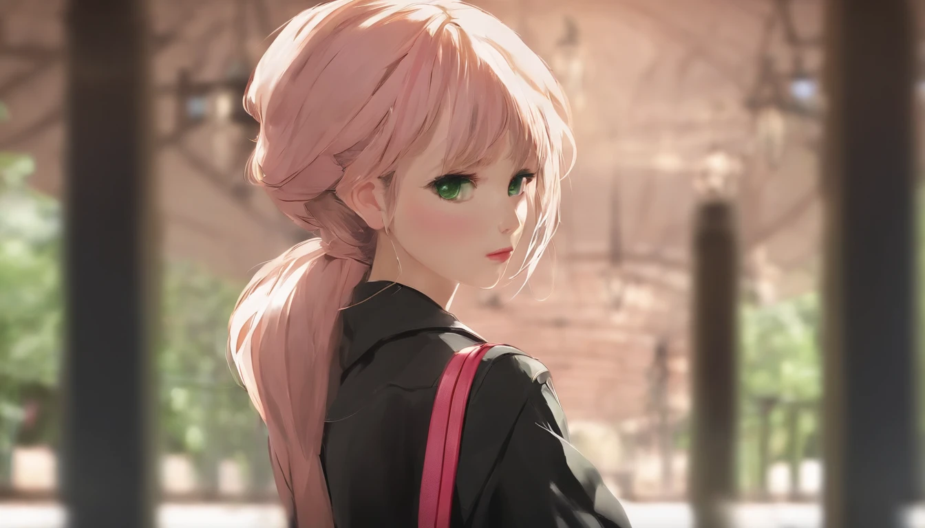 Beautiful, Masterpiece, Best quality, Extremely detailed face, Perfect lighting, 1girll, Solo, Sketch, Marni (Pokemon), Green eyes, Asymmetrical bangs, Backpack, bag, Black necklace, Black jacket, Blurry, The background is blurred out, choker necklace, Closed mouth, dress, From behind, Indoors, Jacket, Long sleeves, view the viewer, Looking back, cropped shoulders, Pink dress, Red bag, Solo
