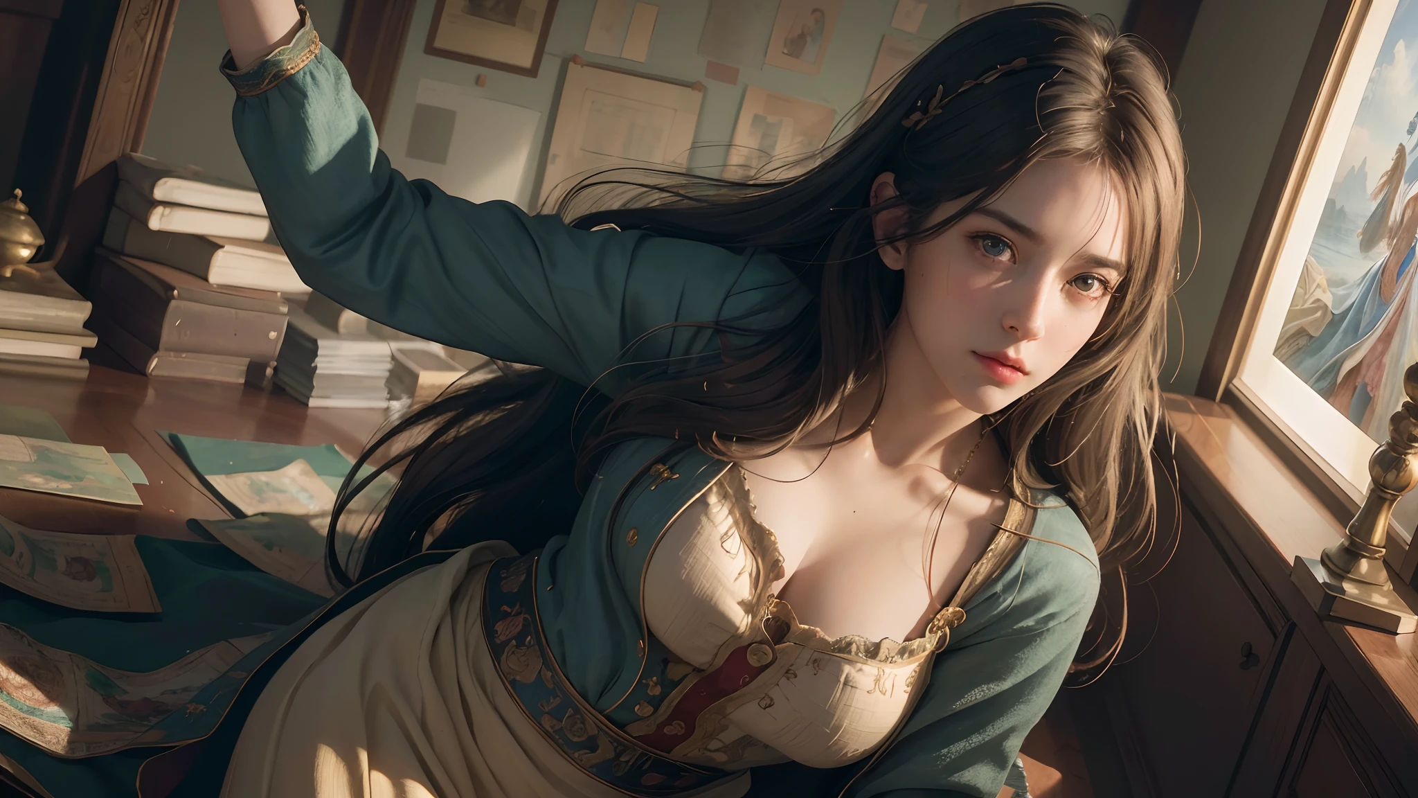 (RAW photo, best quality), (realistic, photo-realistic:1.3),best quality,highly detailed,masterpiece,ultra-detailed,illustration,1girl,upper_body,dynamic angle,world masterpiece theater,messy_long_hair,best quality,extremely detailed CG unity 8k wallpaper,ink,Amazing,cinematic lighting,lens_flare,,dunhuang_style
