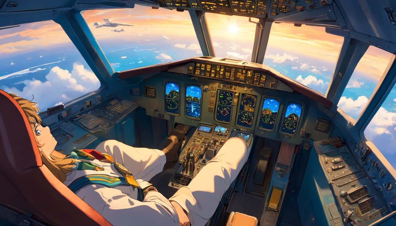 Masterpiece, Portrait of a beautiful young pilot sitting in the cockpit, The pilot wears an Acrisp suit..., Custom flight suits,Decorated with scarves and patches that represent its experience and expertise.... The pilot wears the captain's helmet..., Cockpit interior scene in a movie theater, Take a hot shower..., Golden light,Condensing the essence of aviation. The cockpit was filled with light panels.., Dial and buttons., Convey a sense of precision and control. The pilot looks at the dashboard,A button is pressed through the transparent roof..., A spectacular view of the vast sky unfolds..., Fluffy white clouds and streaks of sunlight stand out against the other commercial aircraft flying in the background..., The pilot's hand gently grasps the control yoke... , epic look at your scene, vivd colour, Full-HD, Dynamic lighting, Ultra-high detail, Dramaticlight, Movie poster style, Asymmetrical composition, photorealistic portrait, illusory engine, concept-art
