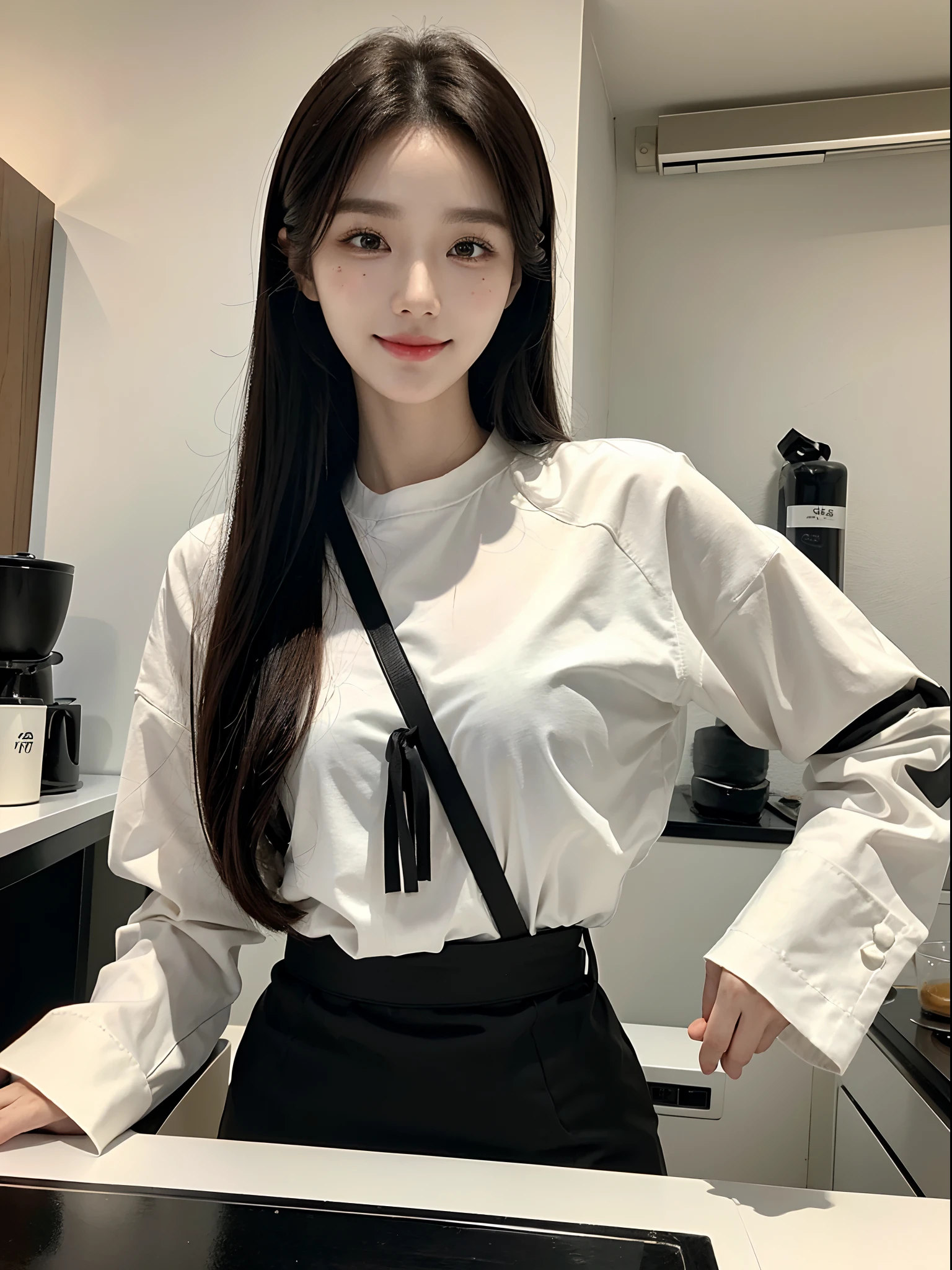 masterpiece、top-quality)、1 beutiful girl、Slim body、((Black and white plain clothes:1.1))、(Detailed beautiful eyes)、In a stylish kitchen、Face similar to Chaewon in Le Selefim、((Boyish Brown Medium Hair))、((Smaller face))、((Neutral face))、((Light brown eyes))、((Korean Girl))、((18year old))、((cool lady))、((A shy smile on his face))、((Korean Makeup))、((elongated and sharp eyes))、((Happy dating))、((boyish))、((She is pouring coffee into a glass))、((shot from front))
