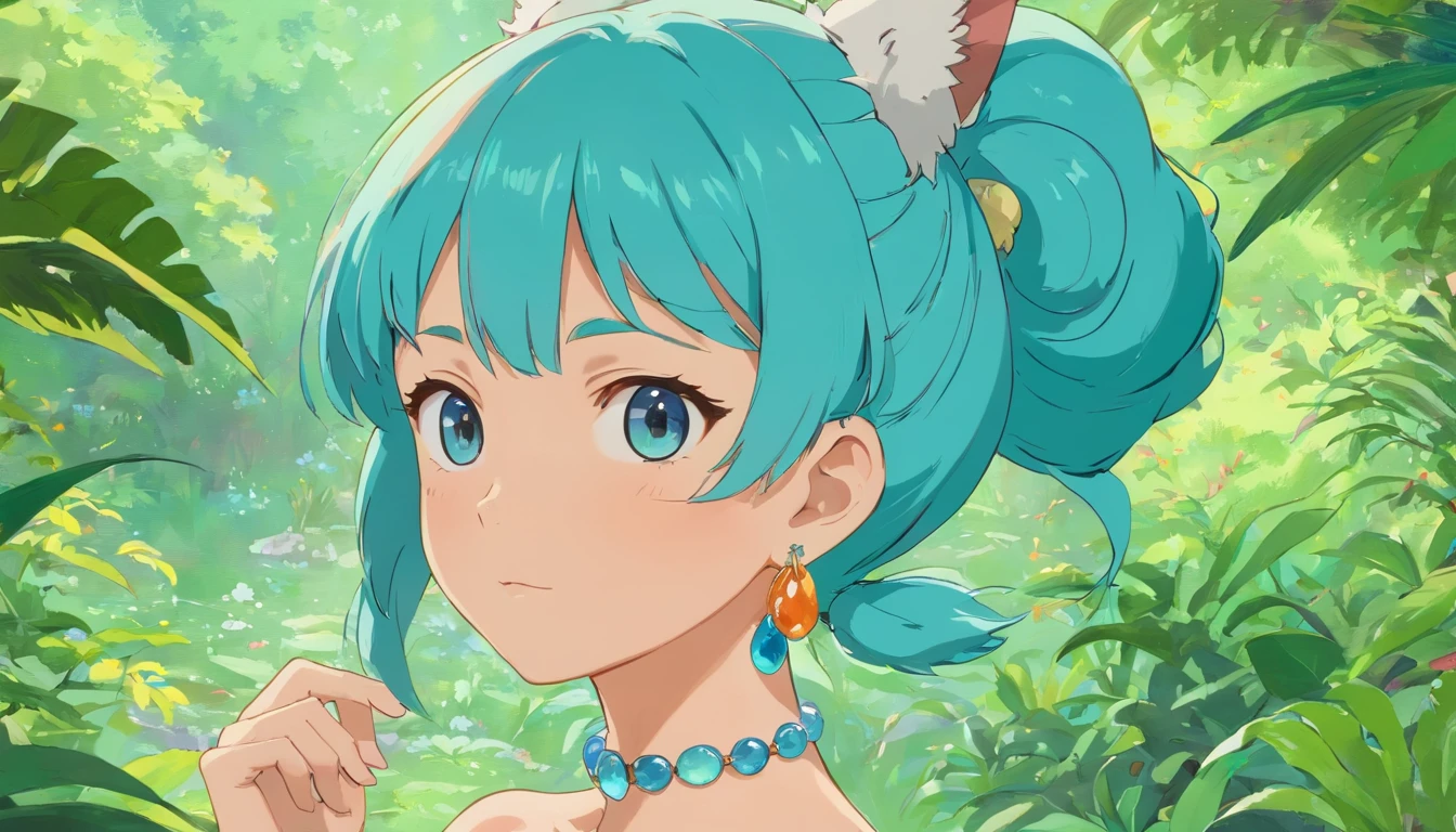 A girl wearing an anime collar, A long necklace and earrings, inthe style of tranquil gardenscapes, colorful animation stills, Masami Teraoka, aquamarine, Paul Gauguin, Amber style, Honest portrayal, Bikini, Sexy