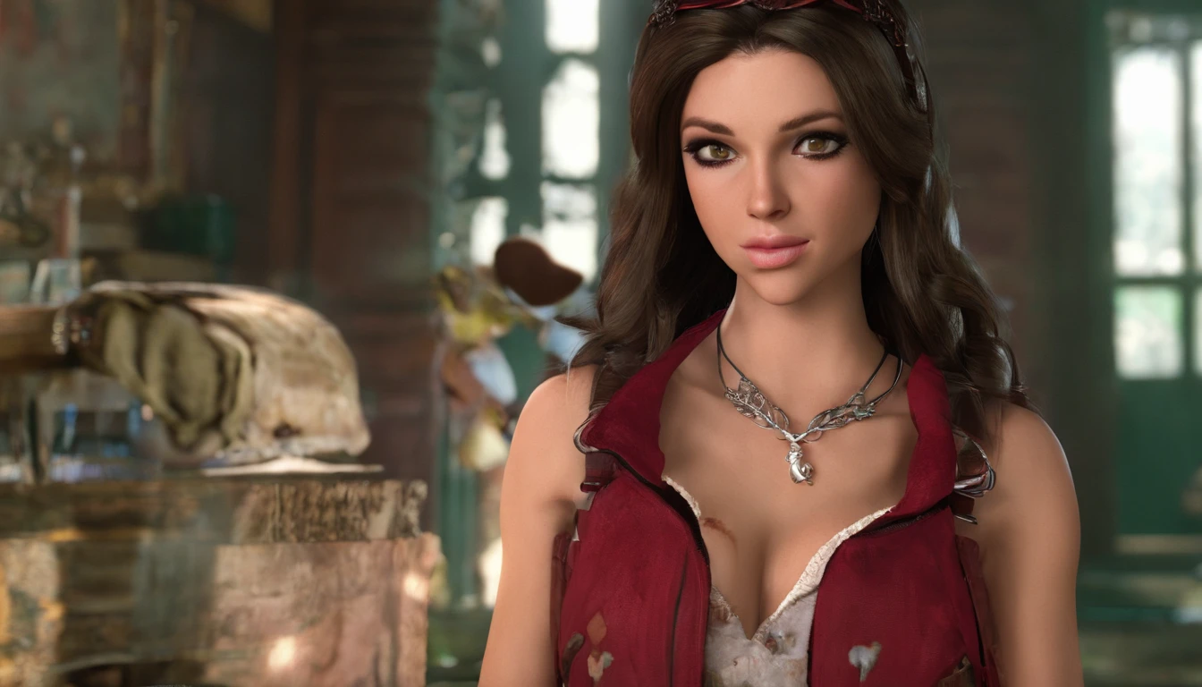 Alafid woman wearing red vest and necklace at club, sexy girl with green eyes, portrait sophie mudd, brown hair and large eyes, selfie of a young woman, bedroom eyes, Violet Myers, nomake-up, Natural makeup, look straight at the camera, face with artgram, Subtle makeup, Piercing green eyes, Naked