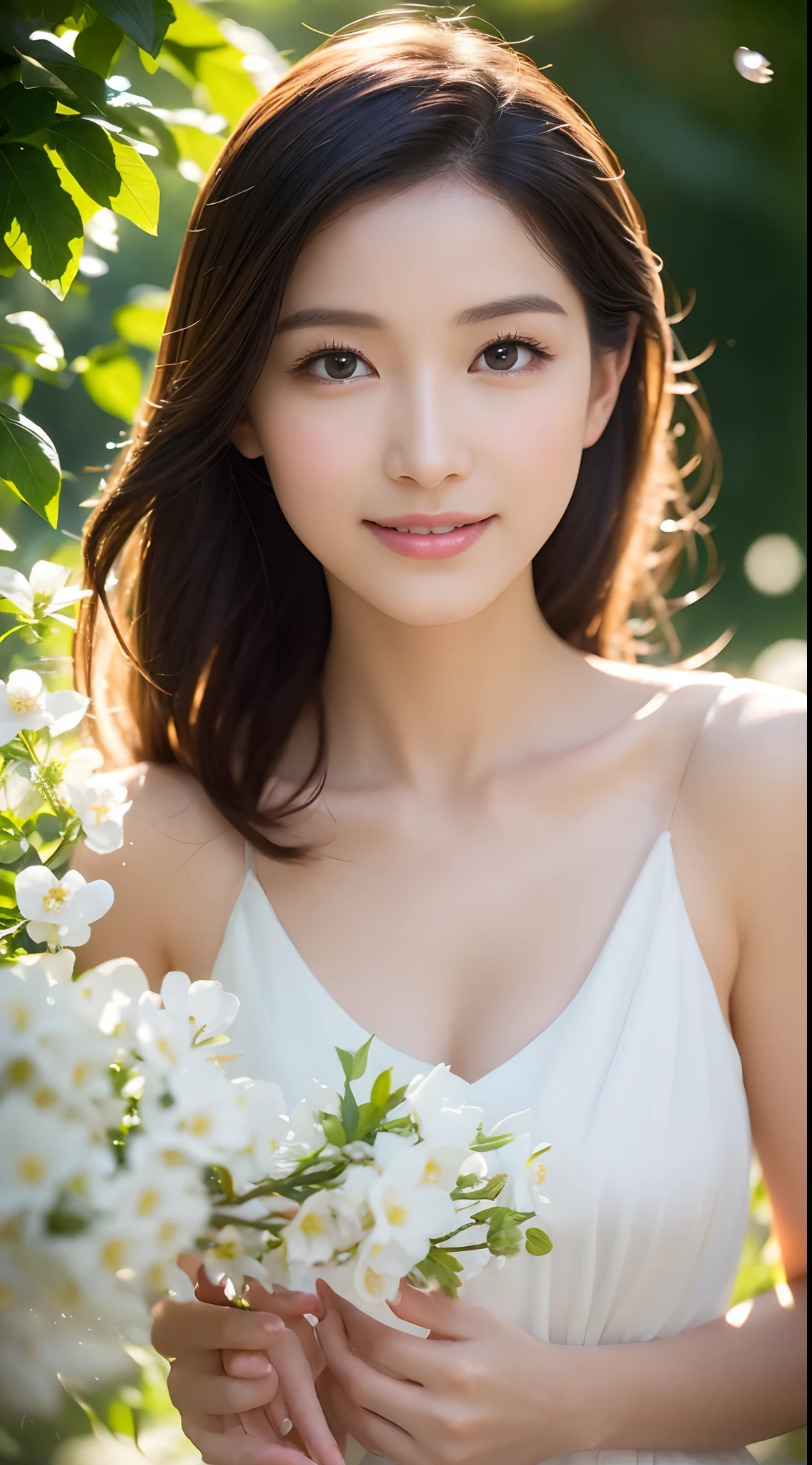 (Best quality,4K,A high resolution,Ultra-detailed,Realistic:1.37),Vivid colors,Sunlight,llight rays,bergamot,white blossoms,Beautiful girl,Exquisite features,Flowing hair,Serene expression,Garden setting,Elaborate dress,Soft sunlight,Gentle breeze,Cheerful ambiance,Backlit scene,a hint of smile,ethereal glowing,Fresh in the morning,Long shadows,harmony of nature,subtle reflections,Natural beauty,Twinkling dewdrops,Clear detail,serenity and calm,Sublime ingredients,Arrive at the branch,whispering leaves,Aromatherapy petals,with light glowing,Sparkling highlights,Subtle shadows,Soft focus,Sublime beauty,Whisper natural,Fantastical Atmosphere,Illuminated background.