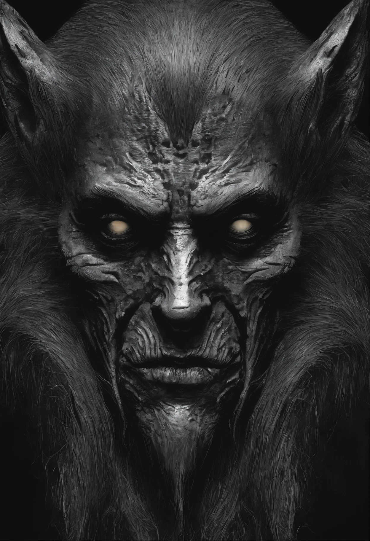wolfman apresentador super realista clima sombrio, with large eyes and ears, lips easy to identify, Easy-to-identify face, boca fechada, clima sombrio e realista, pelos negros olhos vermelhos, com pelos negros e realistas, v1