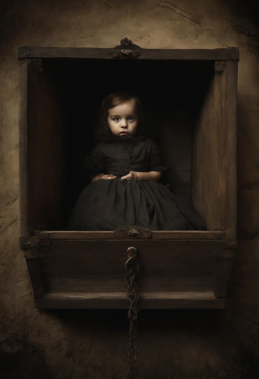 /imagine prompt: Child wearing a black dress, opening a box, dark, eerie, fear

, A small child in a black dress, with big, innocent eyes, Disheveled hair covering part of the face, Trembling hands holding the box, A mix of curiosity and apprehension,

, An old and worn-out box, covered in dust and cobwebs, Signs of wear revealing its dark history, A rusty latch that is difficult to open, The unknown hidden inside,

, A heavy and ominous atmosphere, Shadows dancing on the walls, Disturbing silence, Chilling air causing shivers, Fear hanging in the air,

, Digital illustration with dark tones and dramatic contrasts, Oil painting with expressive brushstrokes and dark colors, Charcoal drawing with intense lines and rough textures, Digital art manipulated with light and shadow effects,

, Edward Gorey, Tim Burton, H.R. Giger, Zdzislaw Beksiński, Hieronymus Bosch, Salvador Dalí —c 10 —ar 2:3