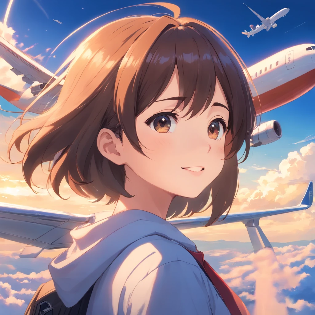 masterpiece、top-quality、Movie stills、1girl in、Cloud Girl、Looking up at the airliner、Passenger aircraft、A dark-haired、1st grade elementary school student、A smile、a closeup、发光、Happiness、Warm and soft lighting、(Spark:0.7)