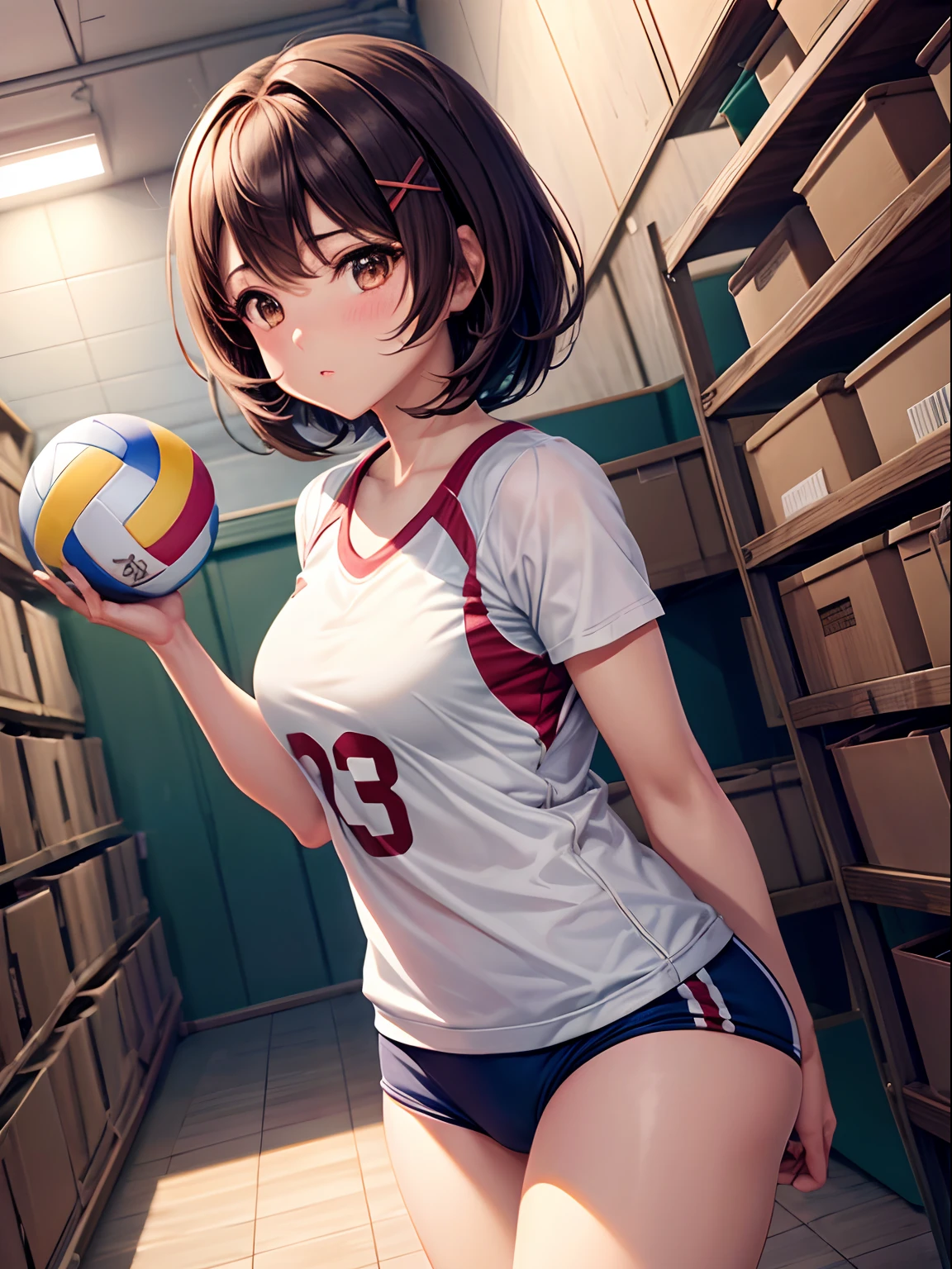 bob cuts, Floating hair, Brown hair, Light blush, Volleyball, gym storeroom, During the match, X Hair Ornament, Anime, Anime style, 4K, Textured skin, Super Detail, Best Quality, awardwinning