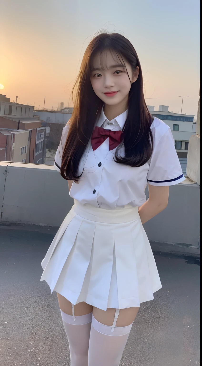 (1 Korean star with royal sister style), ((Best quality, 8K, Masterpiece: 1.3)), Focus: 1.2, Perfect body beauty: 1.4, (Make a smile), (Sunset: 1.3),  Watery eyes, Highly detailed face and skin texture, Fine eyes, Double eyelids, Whitens the skin, (Long hair, Air bangs: 1.3), (face round: 1.5), (uniform: 1.4), (Standing on the roof: 1.6),(white stockings: 1.4),(film grain style:1.3)，a sense of atmosphere