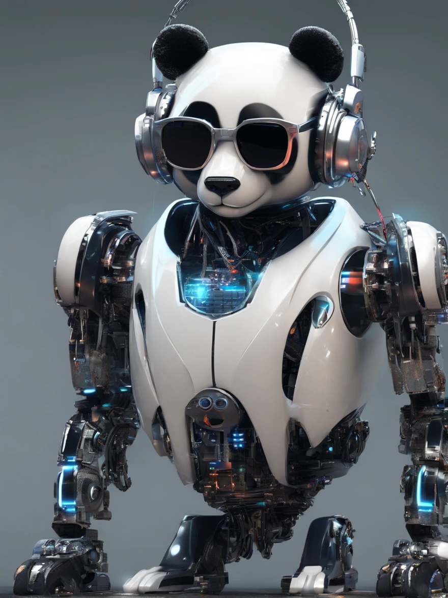 A panda robot,Wearing sunglasses, with headphones on, Standing position, Abstract beauty, Dynamic, Highly detailed digital painting, concept-art, 8K, high definition resolution
