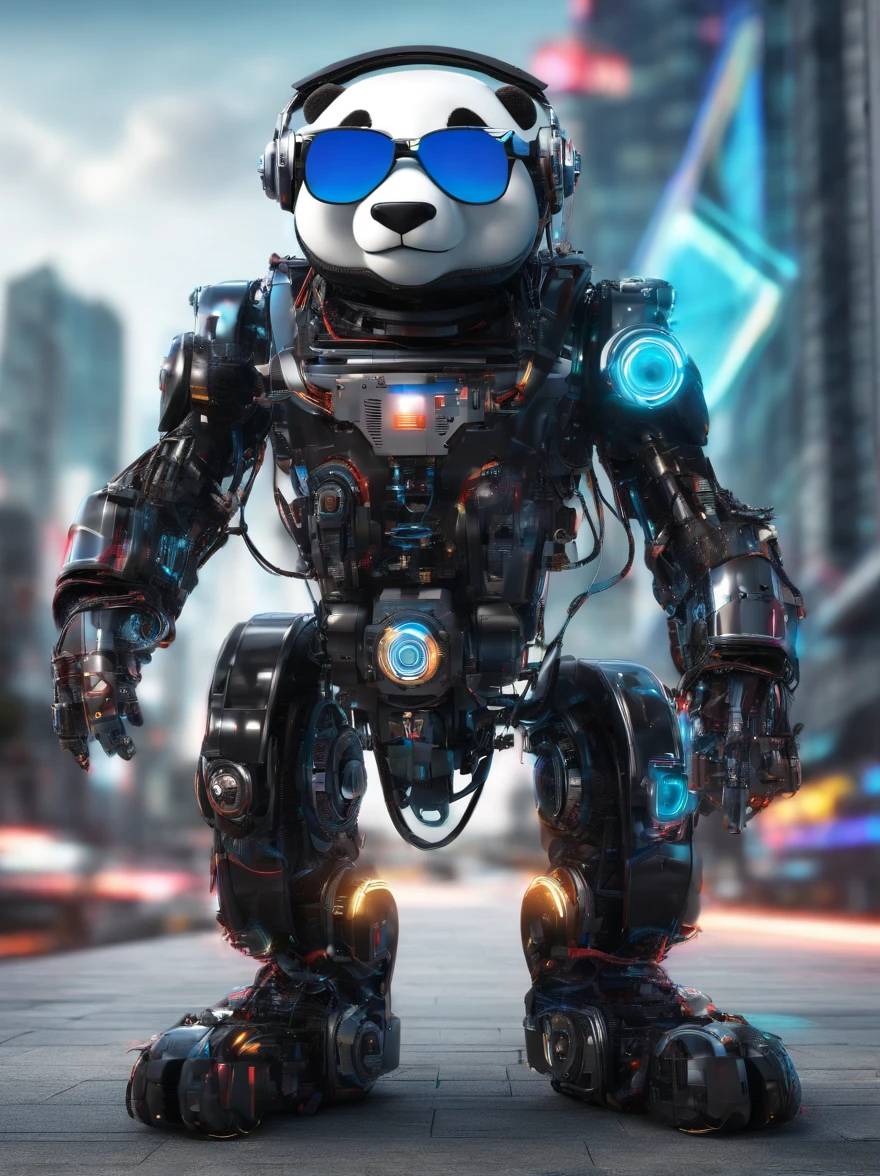 A panda robot,Wearing sunglasses, with headphones on, Standing position, Abstract beauty, Dynamic, Highly detailed digital painting, concept-art, 8K, high definition resolution