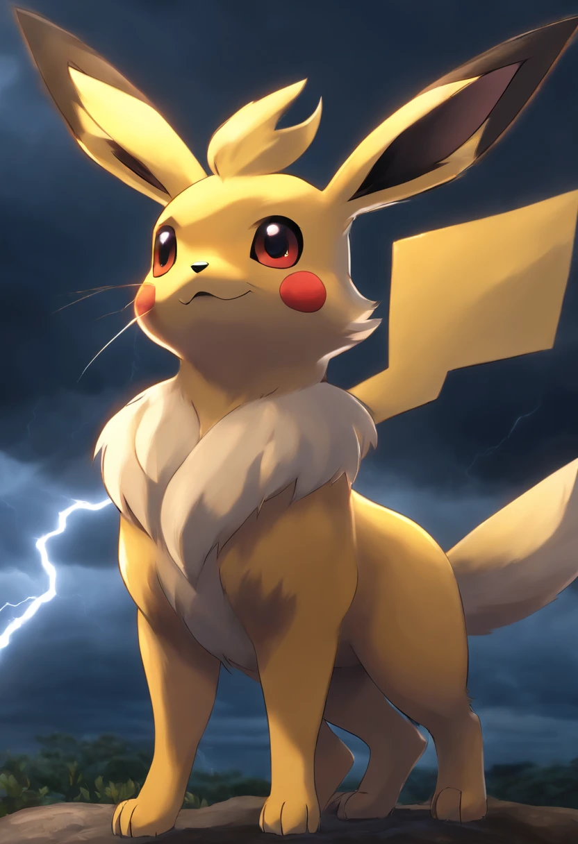 Pokémon Eevee with pikachu colors in a stormy sky with lightning, in realistic version