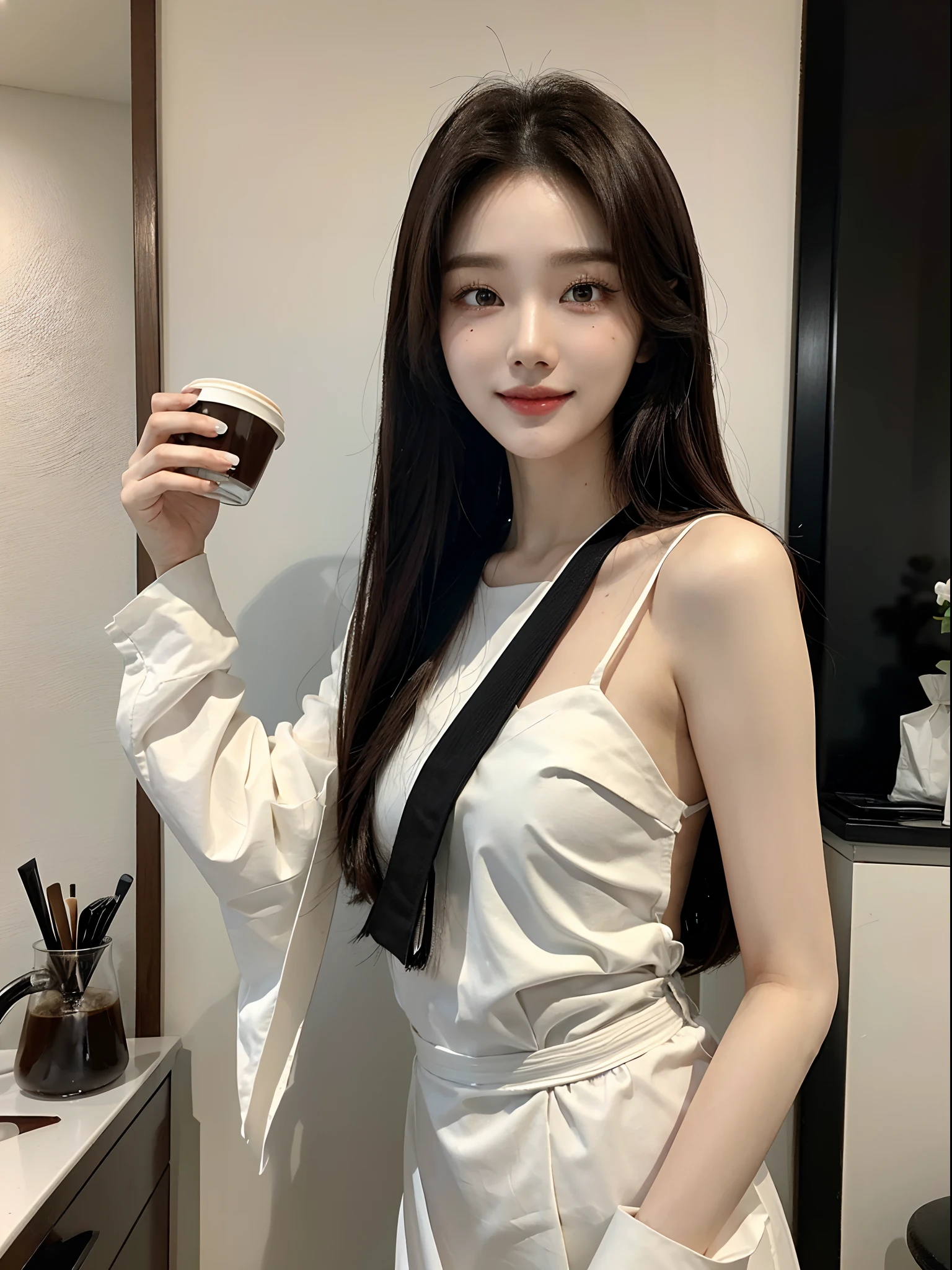 masterpiece、top-quality)、1 beutiful girl、Slim body、((Black and white room wear:1.1))、(Detailed beautiful eyes)、In a stylish kitchen、Face similar to Chaewon in Le Selefim、((Boyish Brown Medium Hair))、((Smaller face))、((Neutral face))、((Light brown eyes))、((Korean Girl))、((18year old))、((cool lady))、((A shy smile on his face))、((Korean Makeup))、((elongated and sharp eyes))、((Happy dating))、((boyish))、((She is pouring coffee into a glass))、((shot from front))