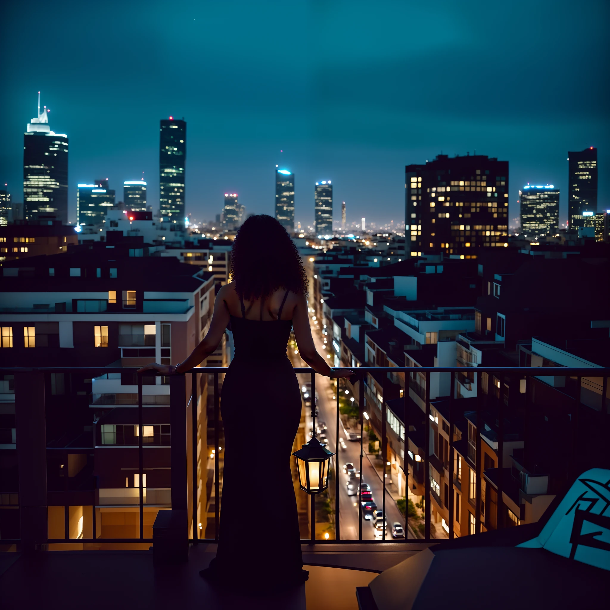 Araffe woman standing on balcony overlooking the city at night, Olhando para a cidade, Olhando para a cidade, beautiful city black woman only, standing on a rooftop, em um telhado, standing on roof, telhado da cidade, em um telhado, rooftop romantic, Luzes da cidade em segundo plano, Noite na cidade, na cobertura, com vista para uma cidade moderna, in the nighttime