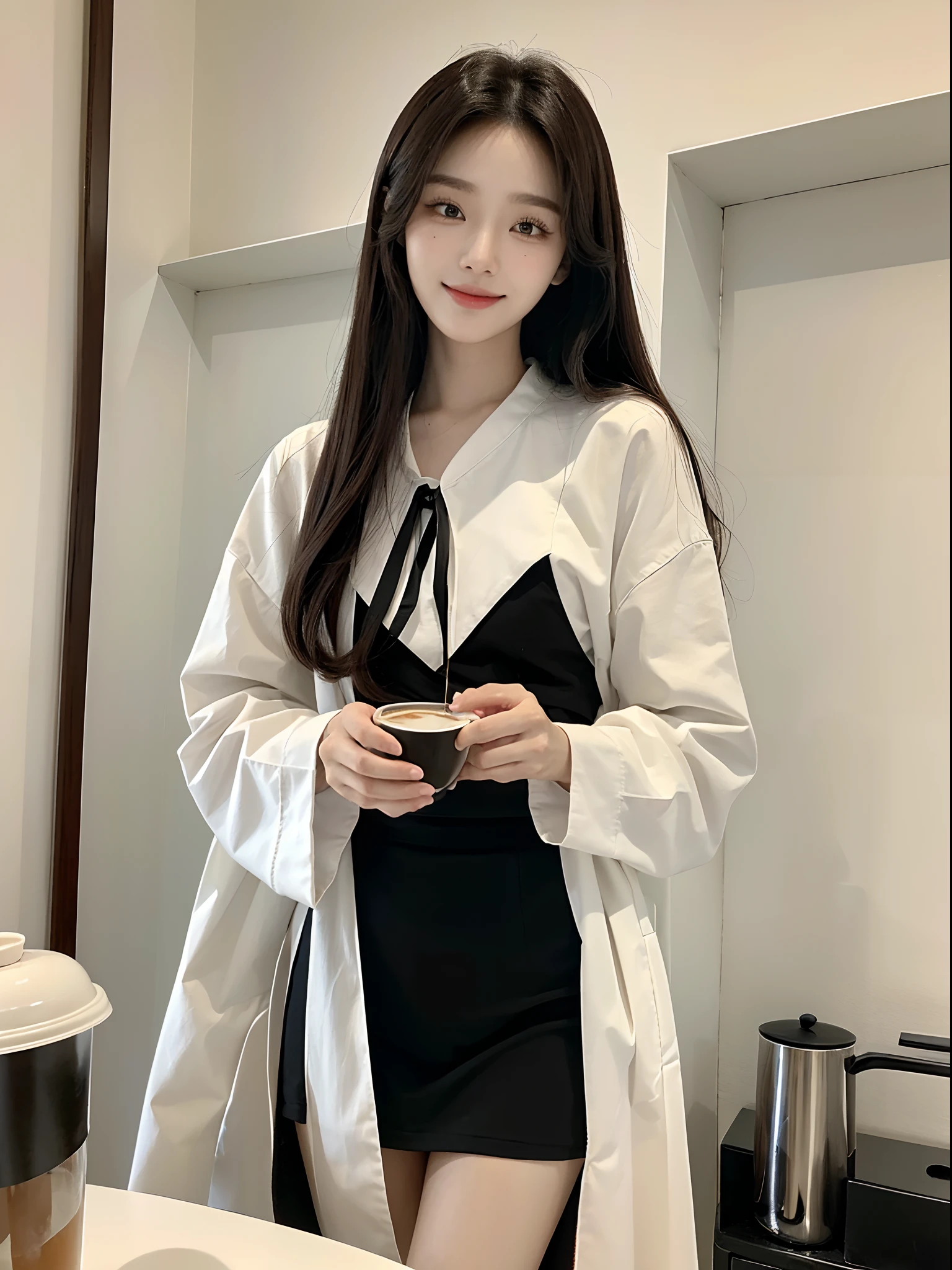 ​masterpiece、top-quality)、1 beutiful girl、Slim body、((Black and white room wear:1.1))、(Detailed beautiful eyes)、In a stylish kitchen、Face similar to Chaewon in Le Selefim、((Boyish Brown Medium Hair))、((Smaller face))、((Neutral face))、((Light brown eyes))、((Korean Girl))、((18year old))、((cool lady))、((A shy smile on his face))、((Korean Makeup))、((elongated and sharp eyes))、((Happy dating))、((boyish))、((She is pouring coffee into a glass))、((shot from front))
