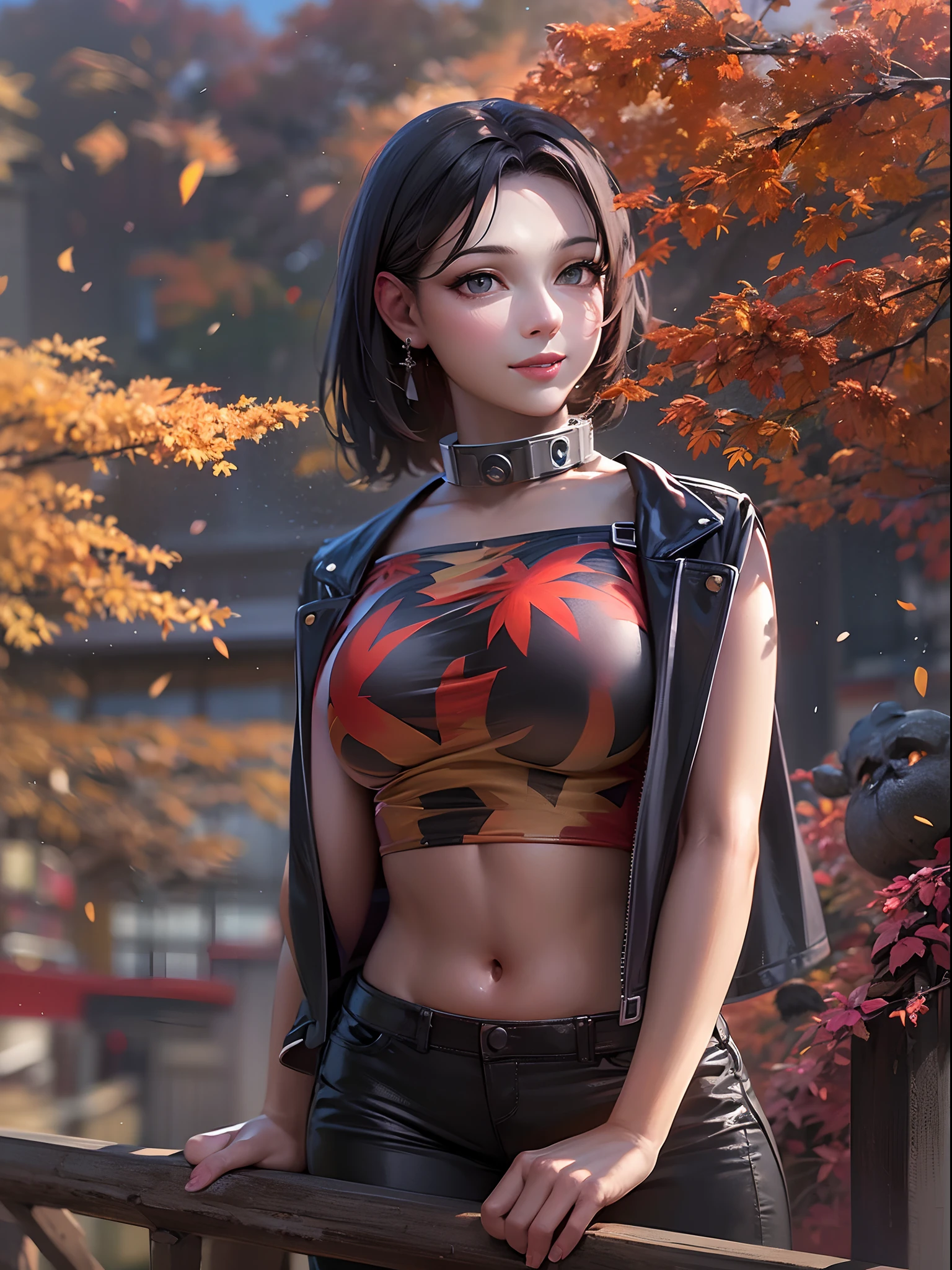 ((Best Quality)), ((masutepiece)), ((Realistic)), With a girl with perfect beauty standing in a peaceful Japan garden、Autumn leaves at eye level, Scenic, masutepiece, (hight resolution), Original, extremely detailed 8K , (Photorealistic:1.4),face perfect, Perfect eyes,symmetrica body shape,Smile, 、１adult lady,(huge bust),((Super giant robot)),Shiny smile,Tank Tops,Black leather pants,full body Esbian,Beautiful city at dawn,