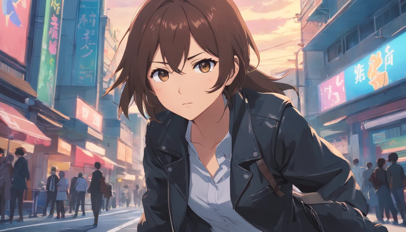 style of anime, hyper HD, retinas, Master parts, anatomically correcte, Textured leather, Full body shot, high detal, super detailing, high high quality, Best quality, highr, 16k, 1girll, Solo, mid hair, brunette color hair, with brown eye, Angry, 26 years old, Mature female, Black jacket, White shirt, Black pants, black knee boots