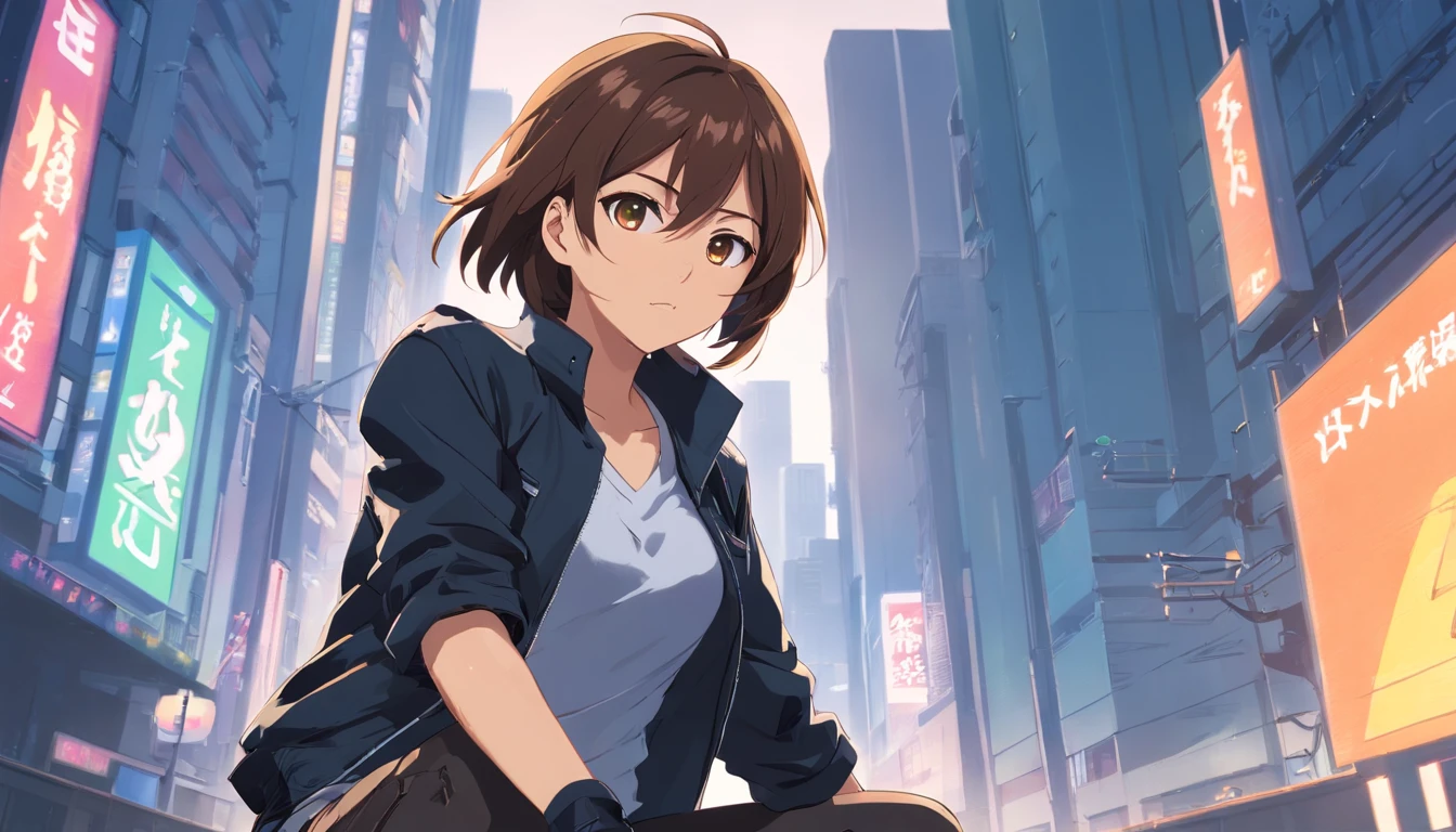 style of anime, hyper HD, retinas, Master parts, anatomically correcte, Textured leather, Full body shot, high detal, super detailing, high high quality, Best quality, highr, 16k, 1girll, Solo, mid hair, brunette color hair, with brown eye, Angry, 26 years old, Mature female, Black jacket, White shirt, Black pants, black knee boots