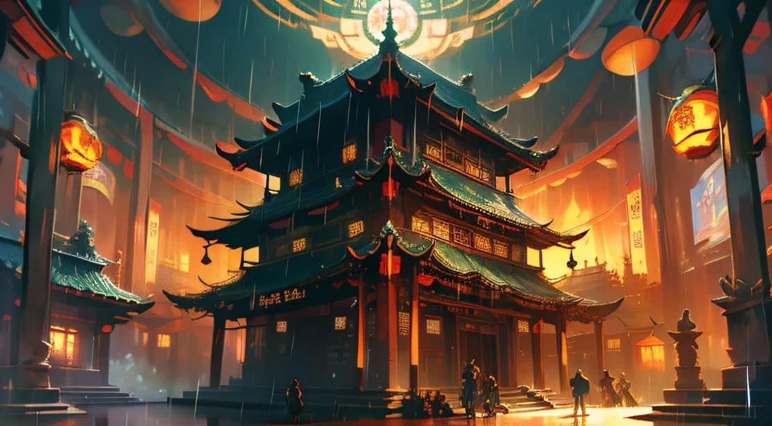 Dougong mortise and tenon structure city,darkly,Flashing,People come and go in the city, animation, Technology development,tmasterpiece, Better quality, Still photography, Fantasy fairy tale international prosperity ancient temple,The ancient temple complex has a large number of Confucian mortise and tenon、Mortise and tenon structure,A huge bronze bell flies over the top of the mountain,Visibility is particularly high,depth of fields, Ghost Night,it is raining,Light rainy night,The fire burst into the sky,Smoke billowed out,Telephoto lens for long-range shooting,Bucket arch mortise and tenon structure,Inverted building,unfathomed,People come and go in the city,Something went wrong,Telephoto lens for long-range shooting,Bucket arch mortise and tenon structure,Inverted building,unfathomed