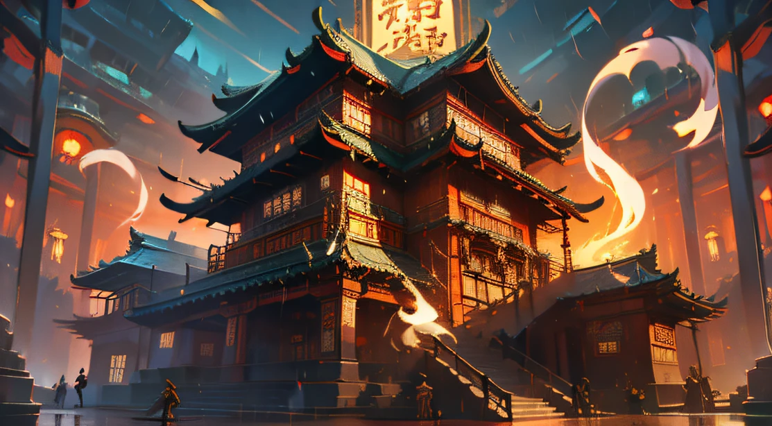 Dougong mortise and tenon structure city,darkly,Flashing,People come and go in the city, animation, Technology development,tmasterpiece, Better quality, Still photography, Fantasy fairy tale international prosperity ancient temple,The ancient temple complex has a large number of Confucian mortise and tenon、Mortise and tenon structure,A huge bronze bell flies over the top of the mountain,Visibility is particularly high,depth of fields, Ghost Night,it is raining,Light rainy night,The fire burst into the sky,Smoke billowed out,Telephoto lens for long-range shooting,Bucket arch mortise and tenon structure,Inverted building,unfathomed,People come and go in the city,Something went wrong,Telephoto lens for long-range shooting,Bucket arch mortise and tenon structure,Inverted building,unfathomed