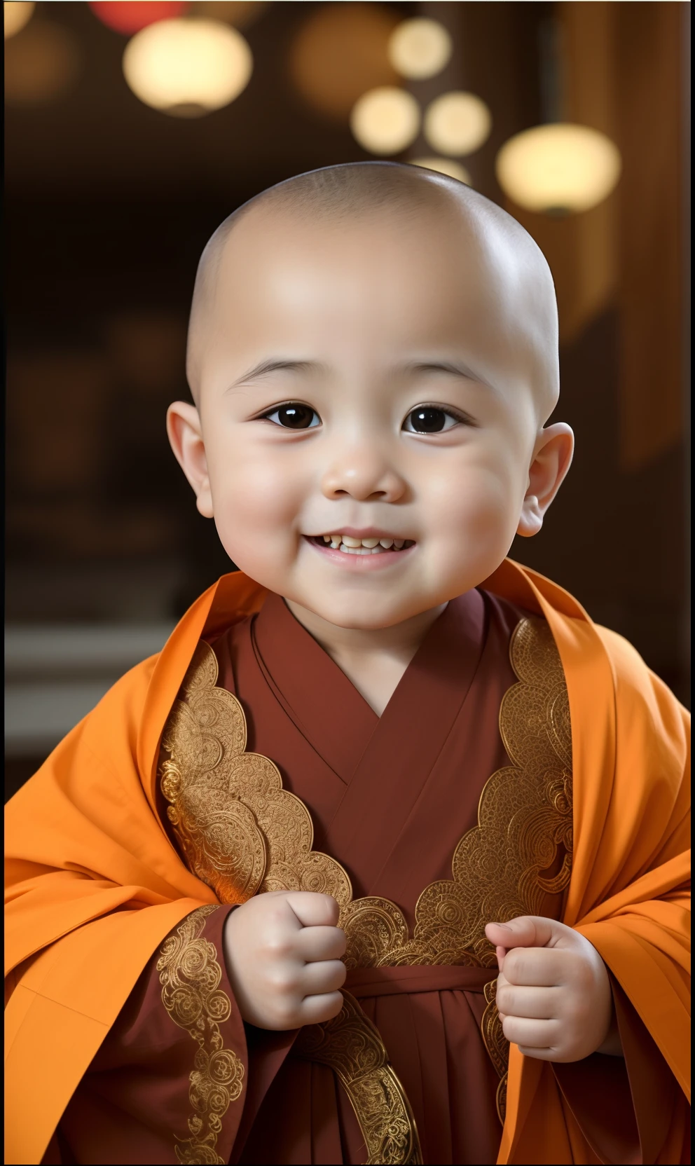 Close-up of smiling  in robe, Buddhist, monk clothes, monk, wearing brown robes, buddhist monk, ruan jia beautiful!, Portrait shooting, close up portrait shot, son, Cute boy, portrait of monk, young cute wan asian face, Yan, Innocent look, 2 1 st century monk, Innocent face, kid, close up portrait shot