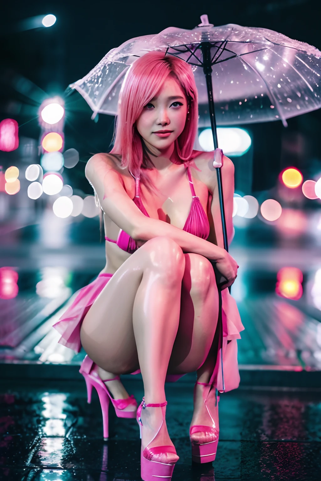 1girl in , Pink hair,Green eyes,Ultra Chart、High-leg bikini body paint、Black high heels、In the rainy city、The drops、Poses、Embarrassed face