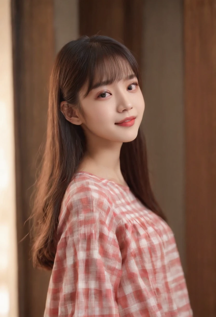 top-quality, Photorealsitic, ​masterpiece, 8K, Hi-Res, 独奏, 1girl, (((infp young woman))),sixteen years old、full bodyesbian、(small tits), ((Look at viewers)), (look at a camera), ((Various hairstyles close to long)）、Perfect straight black hair、((With bangs))、 (profetional lighting), Highly detailed bright face、Gentle Japan girl、lovely smile、Red T-shirt（long-sleeve）、Checked pleated skirt、Standing in the room