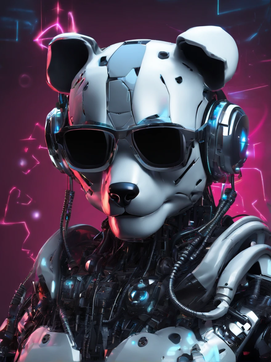 A panda robot,Wearing sunglasses, with headphones on, Standing position, Abstract beauty, Dynamic, Highly detailed digital painting, concept-art, 8K, high definition resolution
