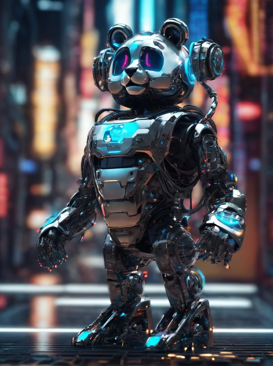 A panda robot,Wearing sunglasses, with headphones on, Standing position, Abstract beauty, Dynamic, Highly detailed digital painting, concept-art, 8K, high definition resolution