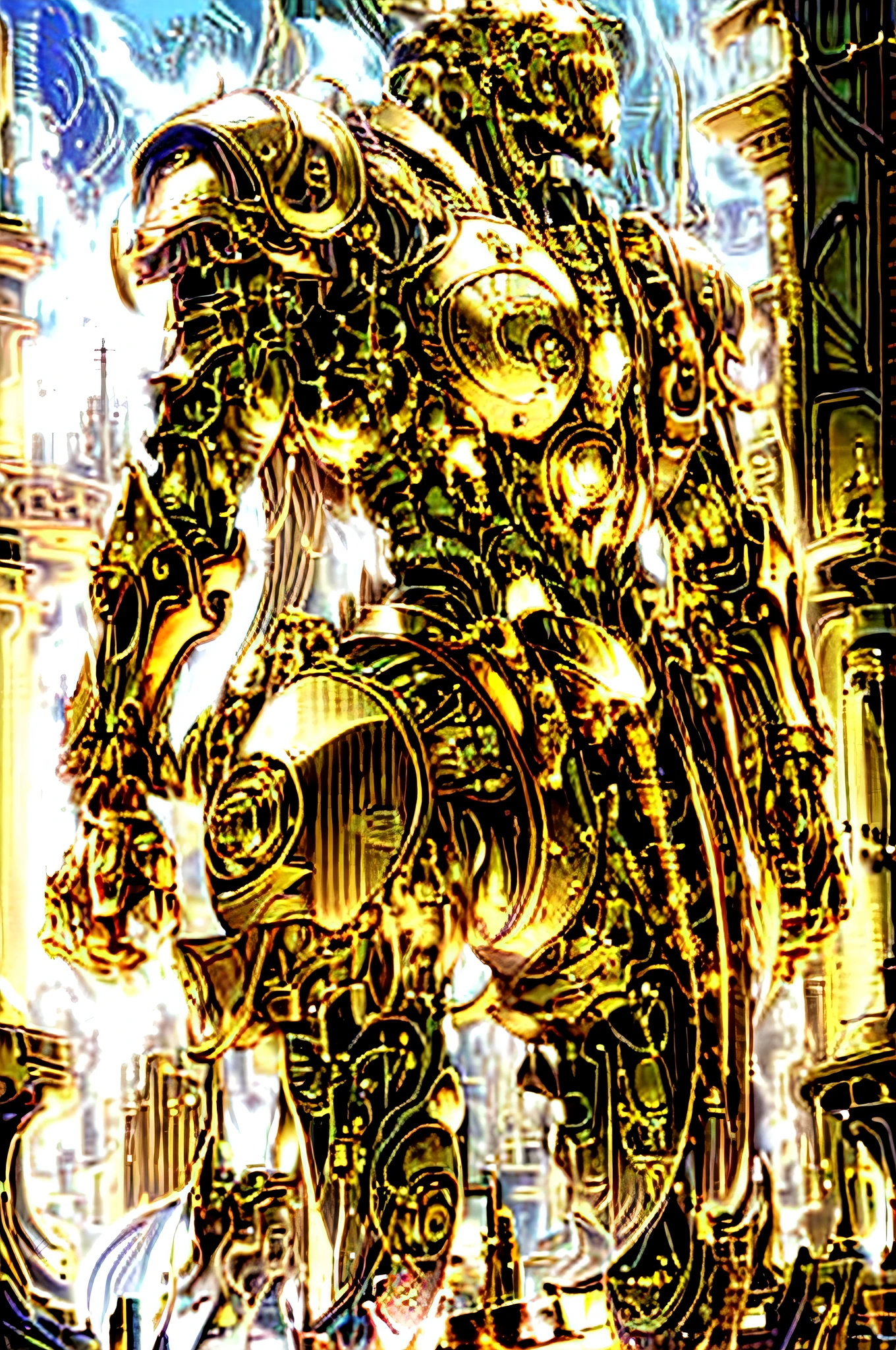 Close-up of golden robot standing on platform, (Gold shiny armor:Copper:1.1), (gilded with gold:1.1), (Angelic:1.1), (glimmering:1.1), (Dramatic:1.1), (opulent:1.1) and (Intricate:1.1) Gold armor, (Well decorated:1.1), (Golden obsidian:1.1) helmet, (Majestic:1.1) Golden feline knight armor, (glimmering:1.1) Gold armor, (Divine:1.1) Human Emperor, (wearing golden armour:1.1) Paladin, (in mecha style:1.1) the greek god, Greek-style architecture, (Golden architecture:1.1), (Ivory white building:1.1), (towering skyscrapers:1.1), (gothicarchitecture:1.1), (Streets:1.1), (It is lined with towering buildings:1.1) As tall as the eyes, (Reflective glass:1.1), and (Billowing dust:1.1).