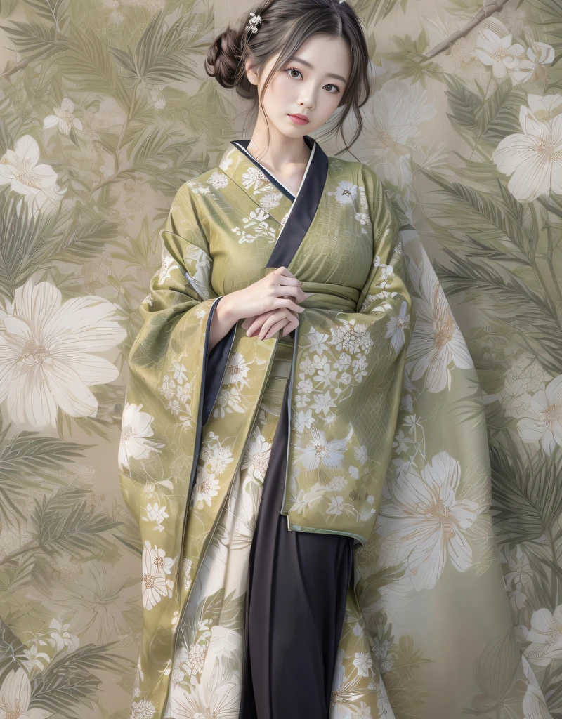 (Beautiful model in Japanese kimono commercial), (solo), ((face is 70% beauty and elegance, 30% pretty and cute:1.5)), (Her roots are in Eastern Europe and Asia), clear eyes, (detailed eyes, light green eyes, bright pupils), Double Eyelids, (sexy lips with a little thickness:1.2), super detailed and incredibly high resolution Kimono, Highly Detailed Face Texture, striking body shape, curvy and very attractive woman, The color of the kimono is 60% white and 30% macha-green and black 10%, high-resolution RAW color photo pro photo, BREAK ultra high-resolution textures, High-res body rendering, big eyes, unparalleled masterpiece, incredible high resolution, super detailed, stunning ceramic skin, BREAK (Wearing a white kimono with plenty of bright matcha green color), (The main color is gentle white, the bright matcha green stands out, and black is used as an accent), (elaborately made classical Japanese white kimono), ((The pattern is boldly, bravely, and elegantly dyed with bright matcha green, and is delicately accented)), (A black obi that matches this kimono), ((A white kimono with delicate and elegant patterns in bright matcha green)), (The background is a dry landscape created with bright matcha green and black) BREAK ((Best Quality, 8k)), Crisp Focus:1.2, (Layer Cut, Big:1.2), (Beautiful Woman with Perfect Figure:1.4), (Beautifully shaped and big breasts:1.3), Slender waist, (Correct hand shape:1.5), (Full body shot | cowboy shot | back view)