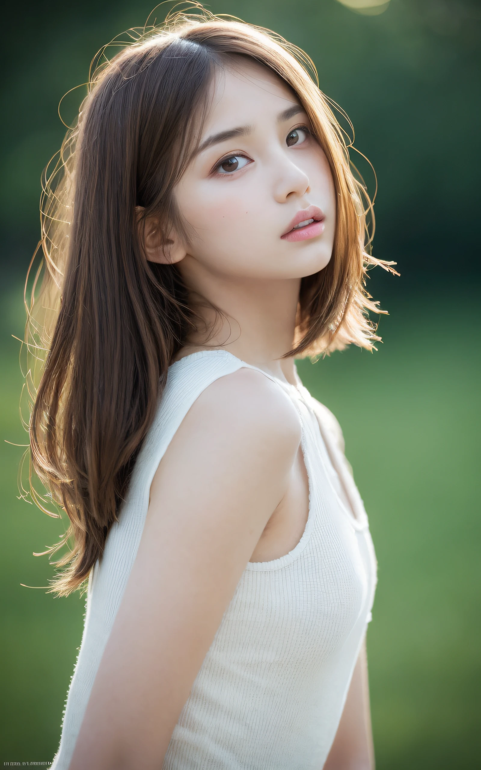 Top quality, realistic, perfect human body structure, very detailed, very delicate and beautiful, RAW photography, inside, professional lighting, luminescence, depth of field, single focal, full body, 13 year old girl, brown hair, small head, ((big)), baby face, beautiful eyes, real face, realistic skin, detailed eyes, (fashionable hairstyle: 1.3), sexy pose, absurderes、Incredibly Ridiculous res、Extremely fine,
