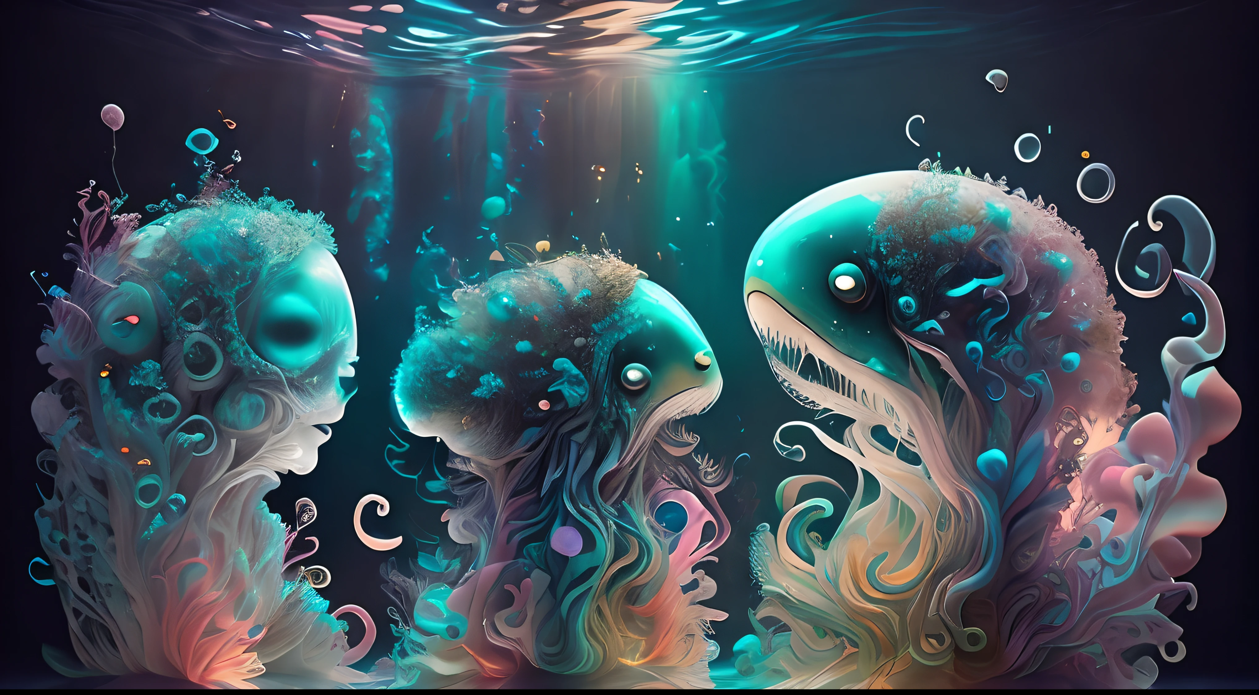 Arte en movimiento,medusas bioluminiscentes flotando en la profundidad del oceano, llevadas por la corriente. Colores fluidos, translucidos , fosforescentes, de colores brillantes, colores radiantes, psicodelicos,iluminan el entorno oscuro con su fosforescencia, sensacion de movimientos fluidos , arremolinados, movimiento de los tentaculos de acuerdo al arte de los fluidos en movimiento,obra maestra, Beautiful psychedelic entropy